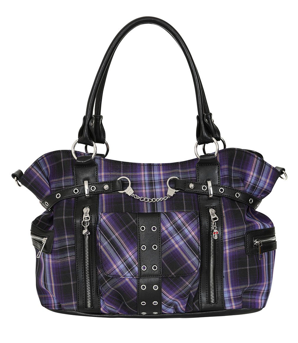 Banned Schultertasche Rise Up Violett, Tartan Handtasche Punk Nieten