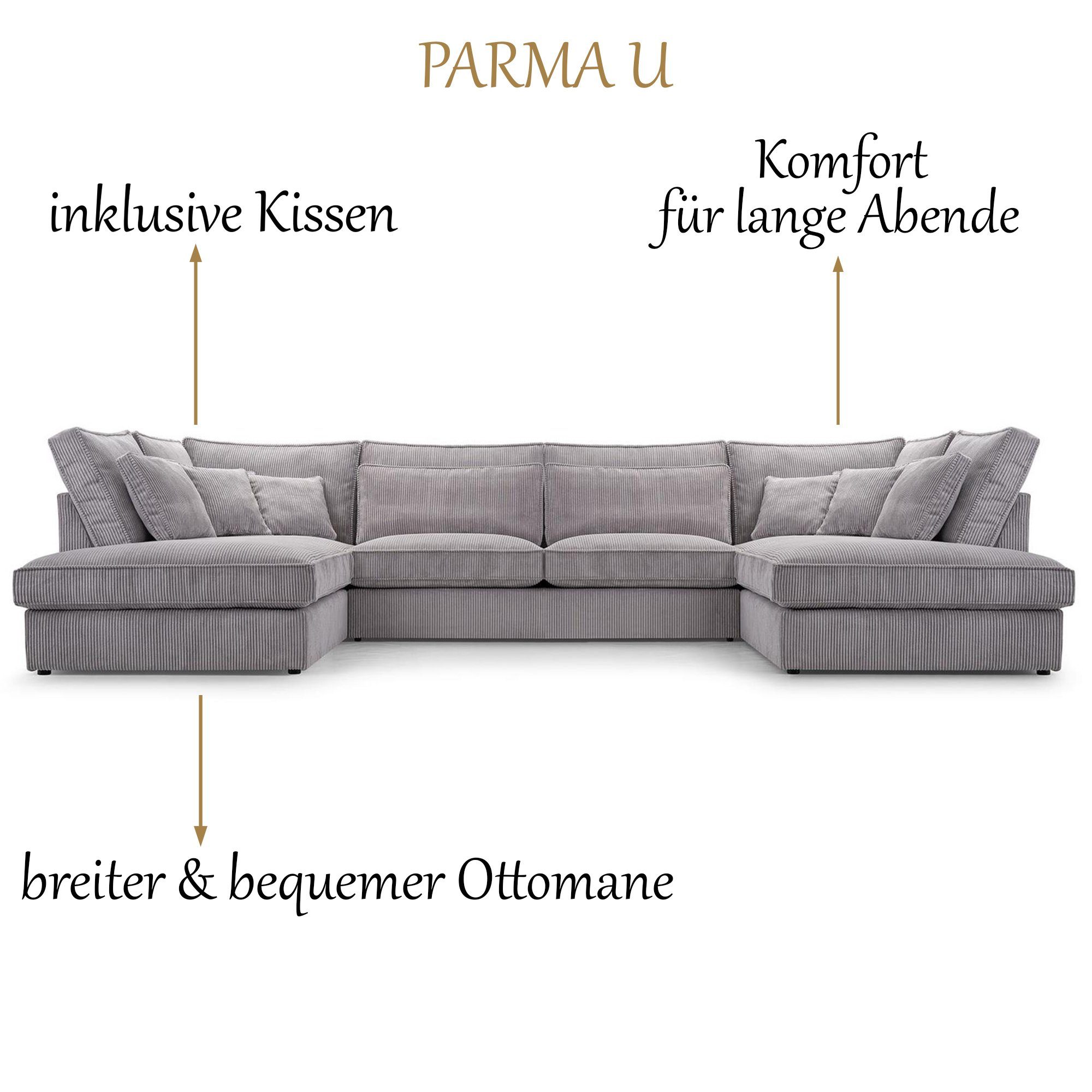 Sofa, 86) große Parma Beautysofa Wohnlandschaft Velours, Corner cm U-Form U, 407 modern (lincoln aus Ecksofa u-förmige Polsterecke Grau