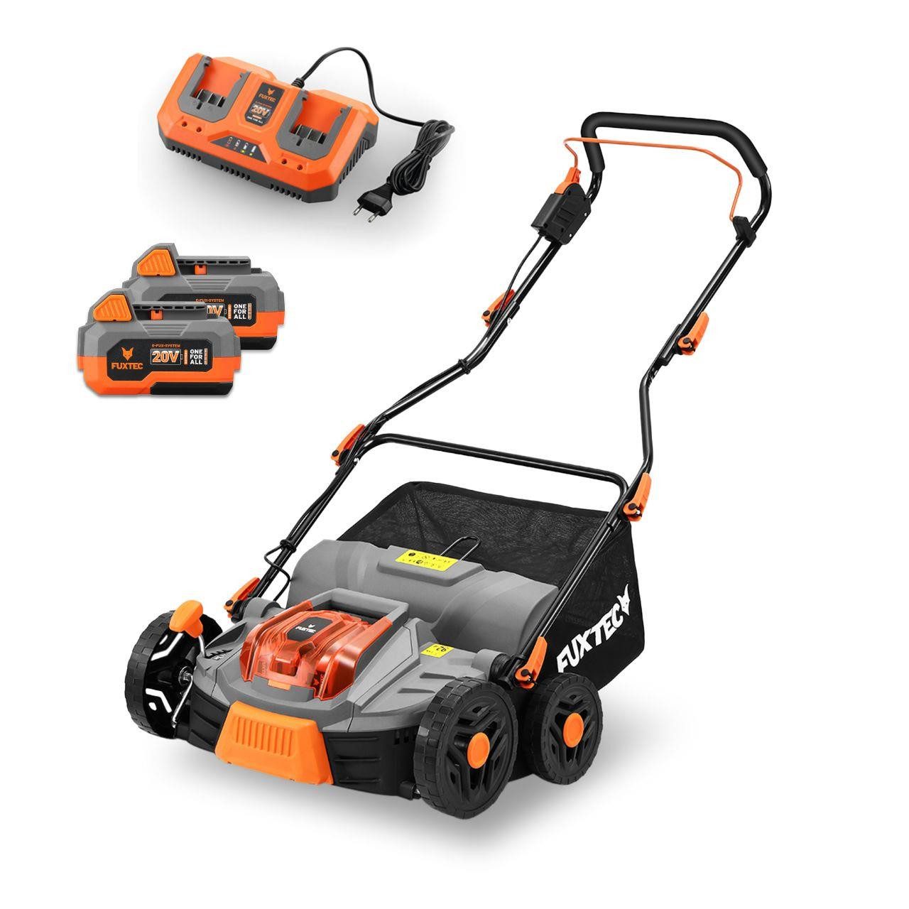 FUXTEC Akkurasenmäher FX-E2VE38SET, Arbeitsbreite 38 cm, 45 L Fangkorb, 2-in-1-Funktion, 2x20V Akku