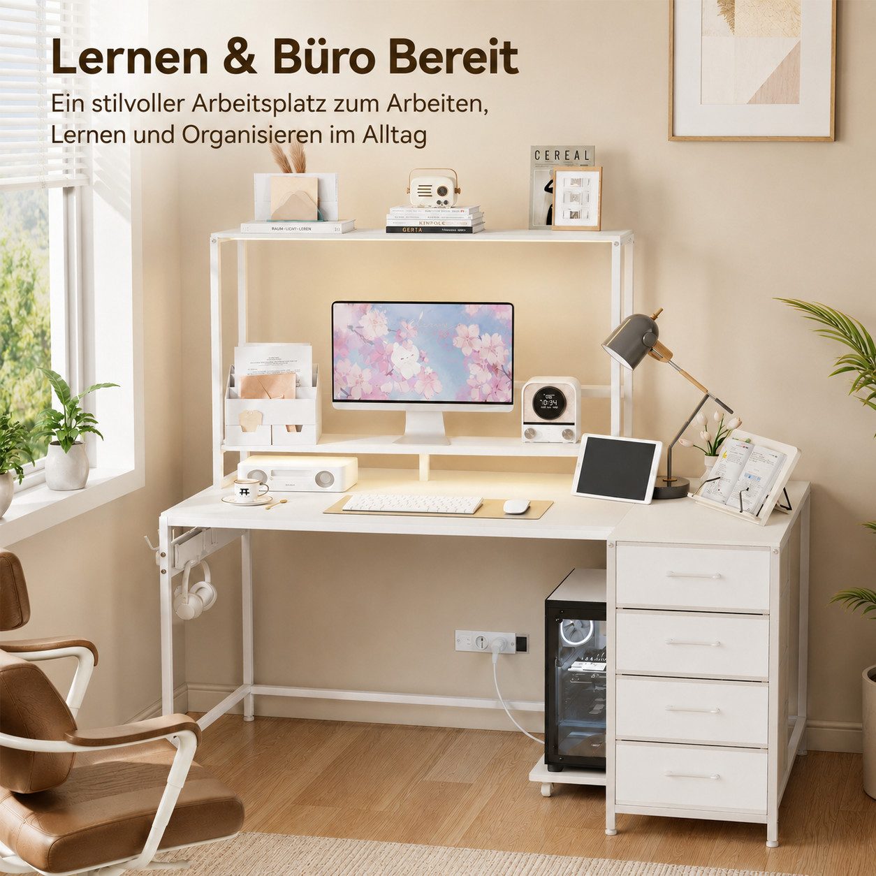 Yorbay Eckschreibtisch L-Form 140 cm mit 4 Schubladen & Steckdose, Computertisch mit USB, LED, Regal – für Gaming & Home Office – Bild 2 von 5