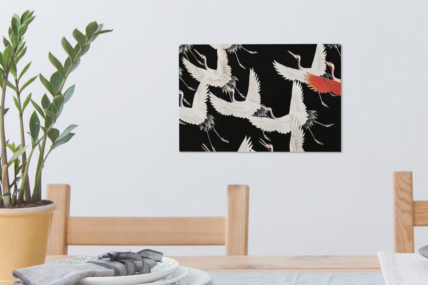OneMillionCanvasses® Japandi, - Rot Leinwandbild Weiß Leinwandbilder, St), (1 cm Wandbild - - 30x20 Wanddeko, Aufhängefertig, Kranich