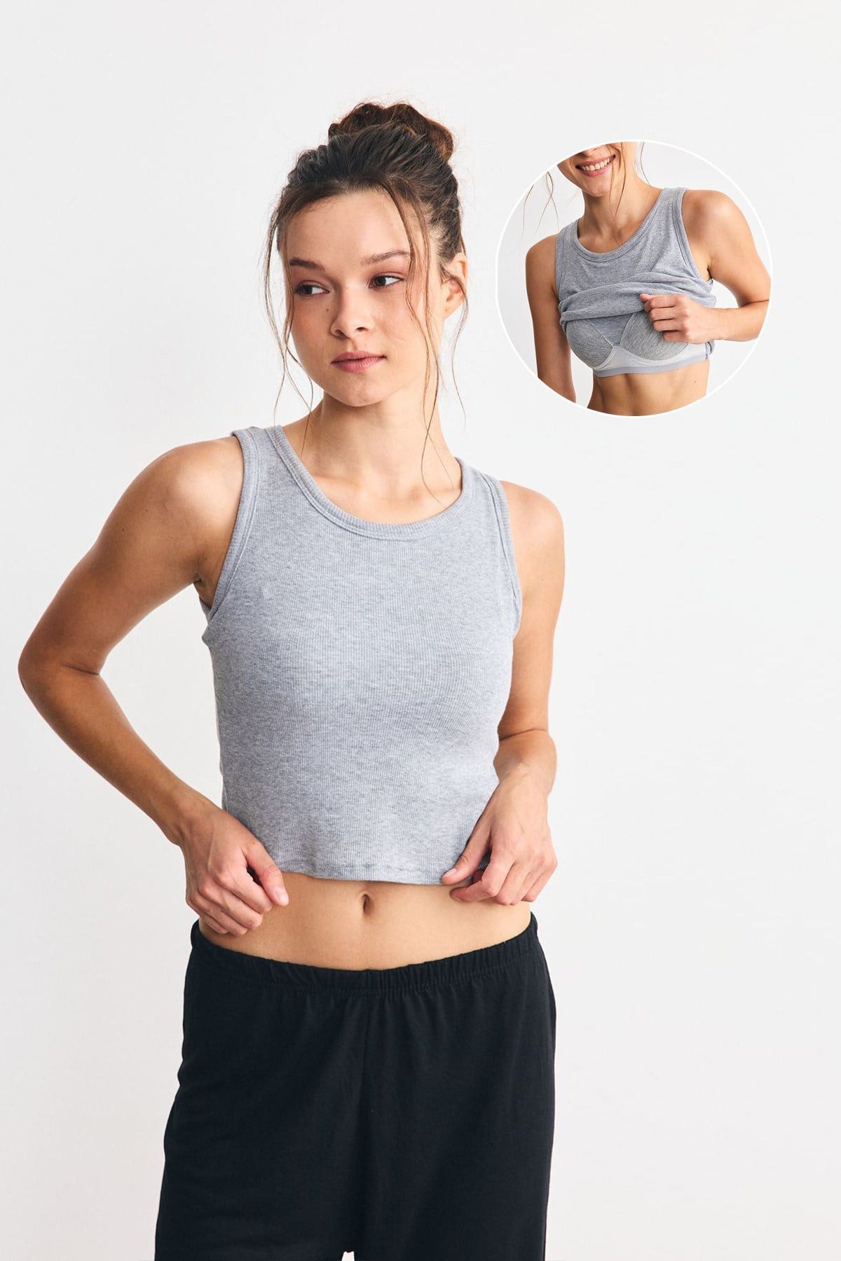 C&CITY Blusenbody Ripp Baumwoll Basic Top Grau Melange