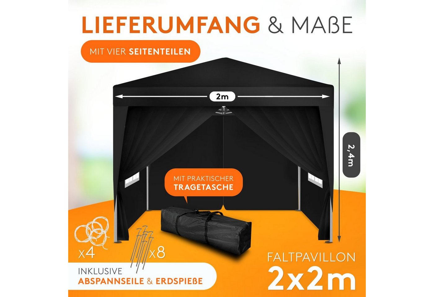 Thumbnail - Kronenburg Partyzelt Faltpavillon 2x2 m wasserdicht - Partyzelt stabil, UV-Schutz 50+, mit 4 Seitenteilen, Wetterfester ...