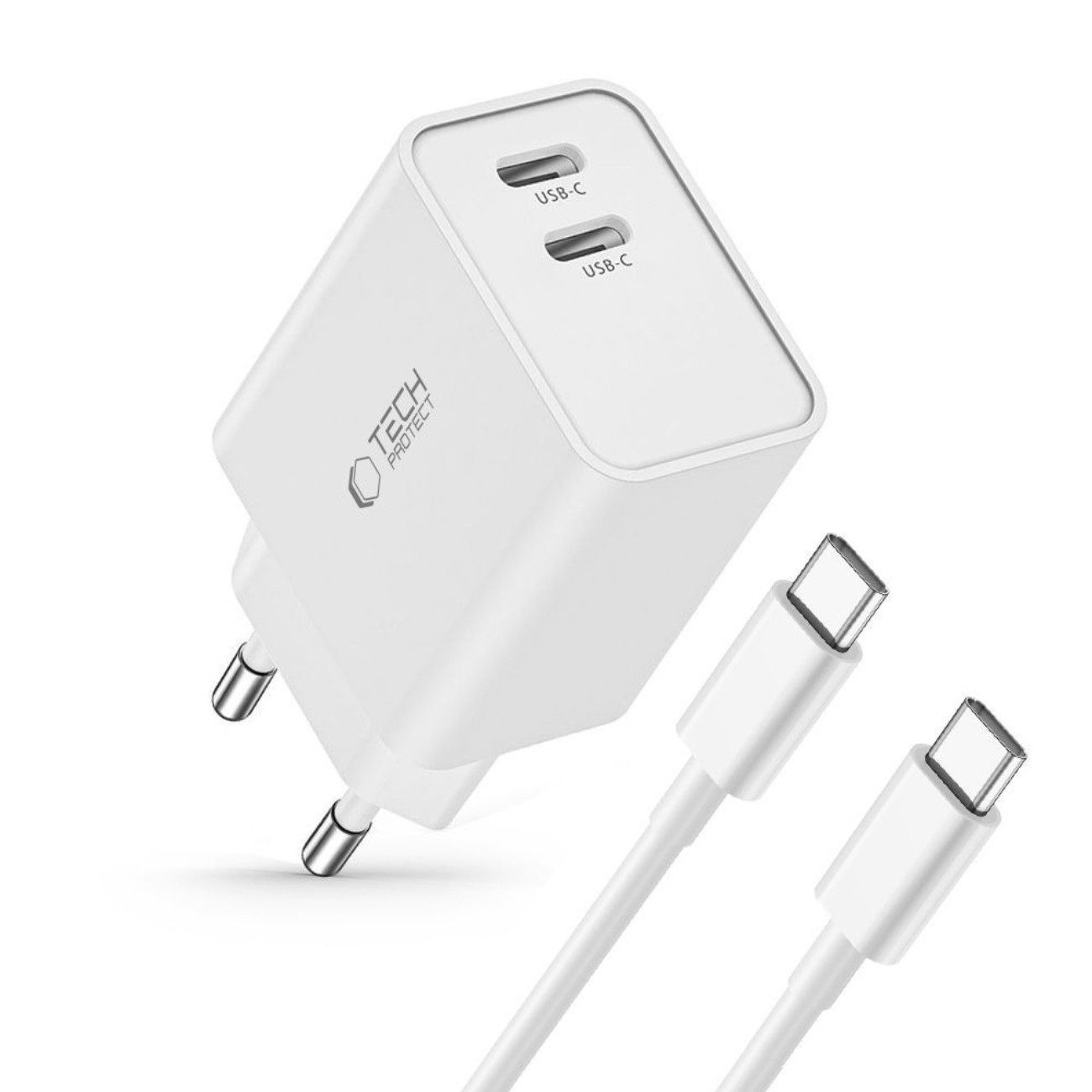 TECH PROTECT C35W USB-Ladegerät (3500 mA, Ladegerät mit Kabel, Ladegerät mit Kabel, 2× USB-C PD 35 W Schnellladegerät mit USB-C/USB-C-Kabel)