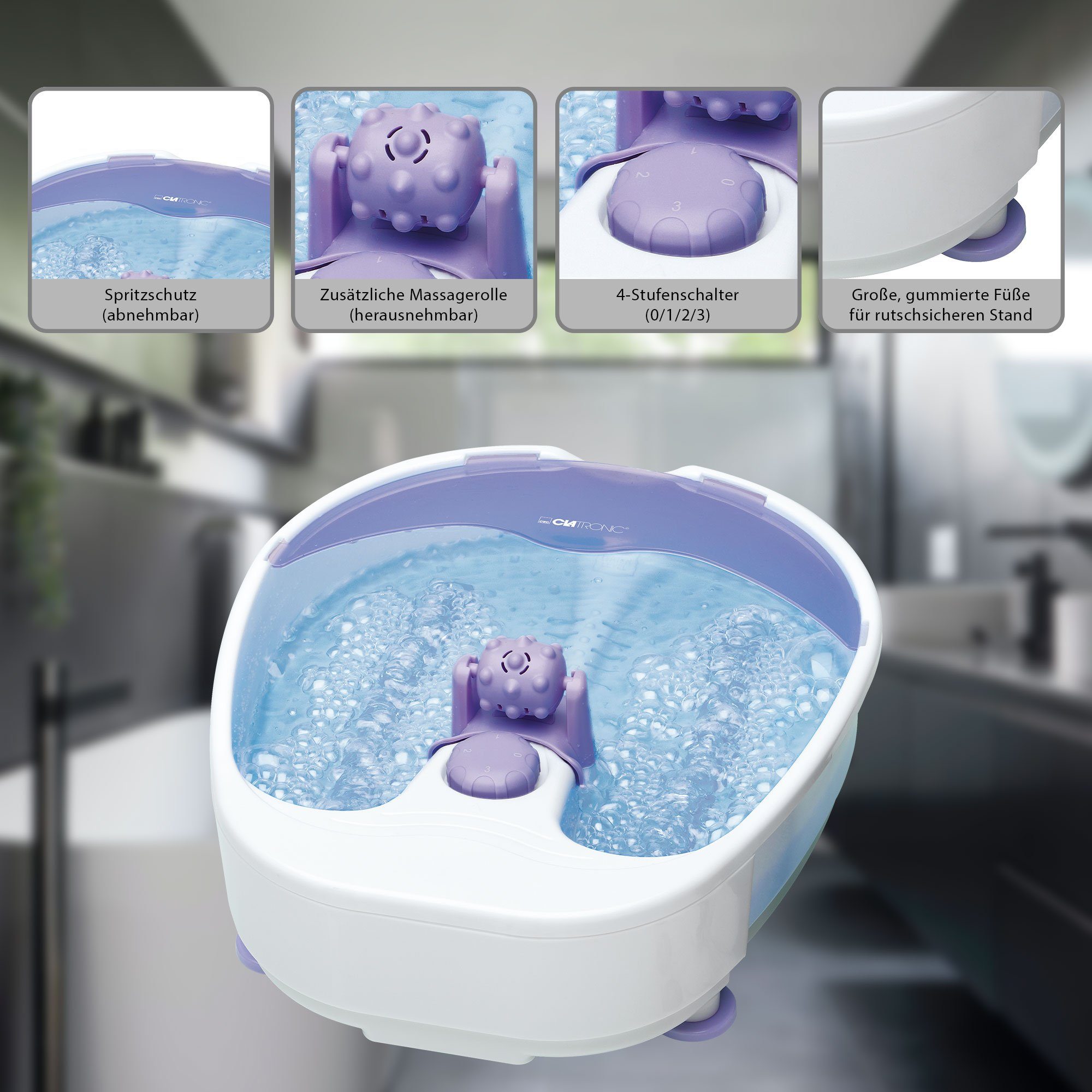 CLATRONIC Fußbad Fußmassagegerät Fuß-Massagegerät FM 3389, Whirlpool-Effekt, gummierte Füße, mit Massagerolle, Spritzschutz