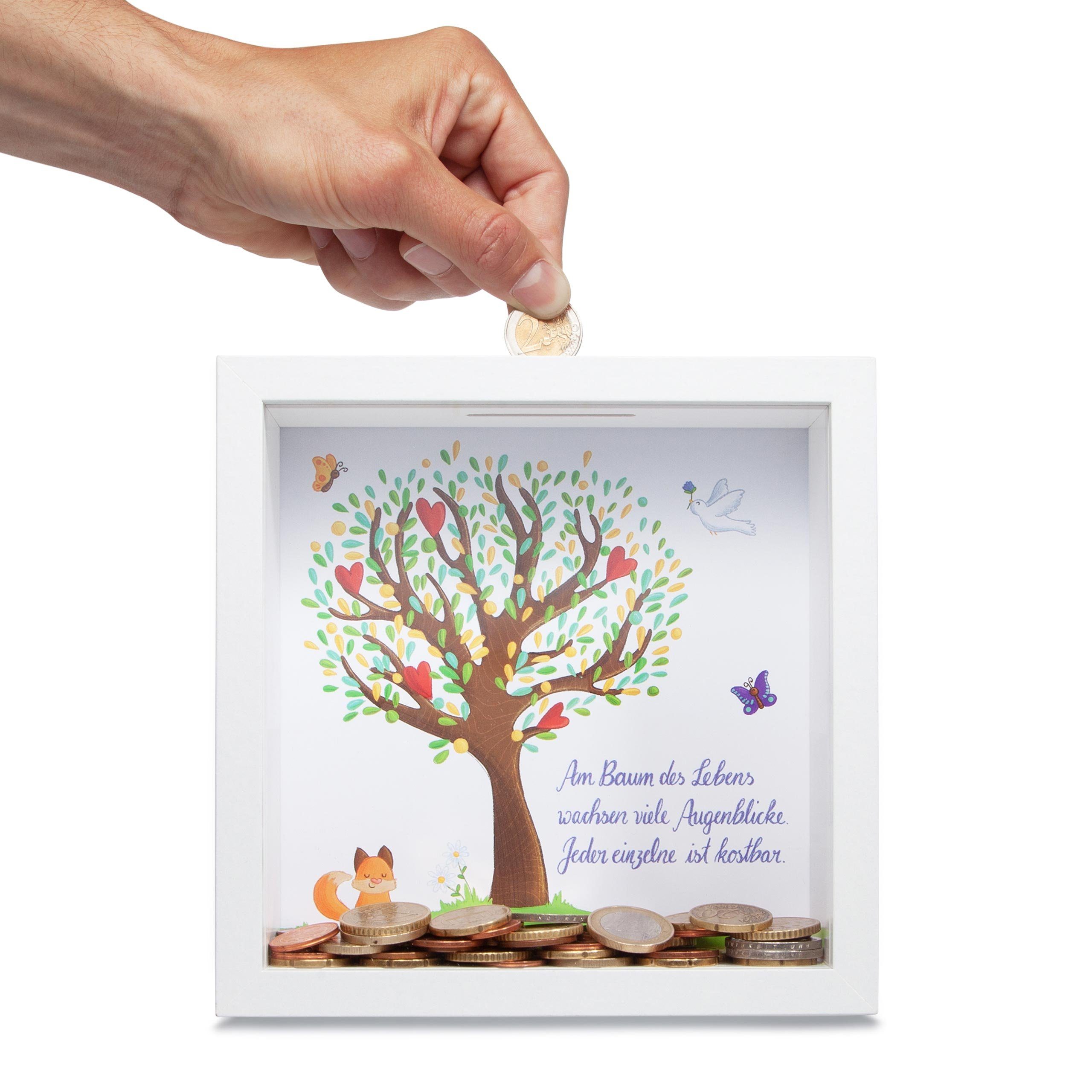 GLÜCKSWOLKE Spardose mit 9 Motive zur Auswahl, (Wunscherfüller, Dream Big, Lebensbaum, Travel, Hochzeit, Sparschwein, Mäuse, Monster, Dschungel, Kinder), Geldgeschenke Verpackung für Geburtstag I Sparbüchse Junge & Mädchen