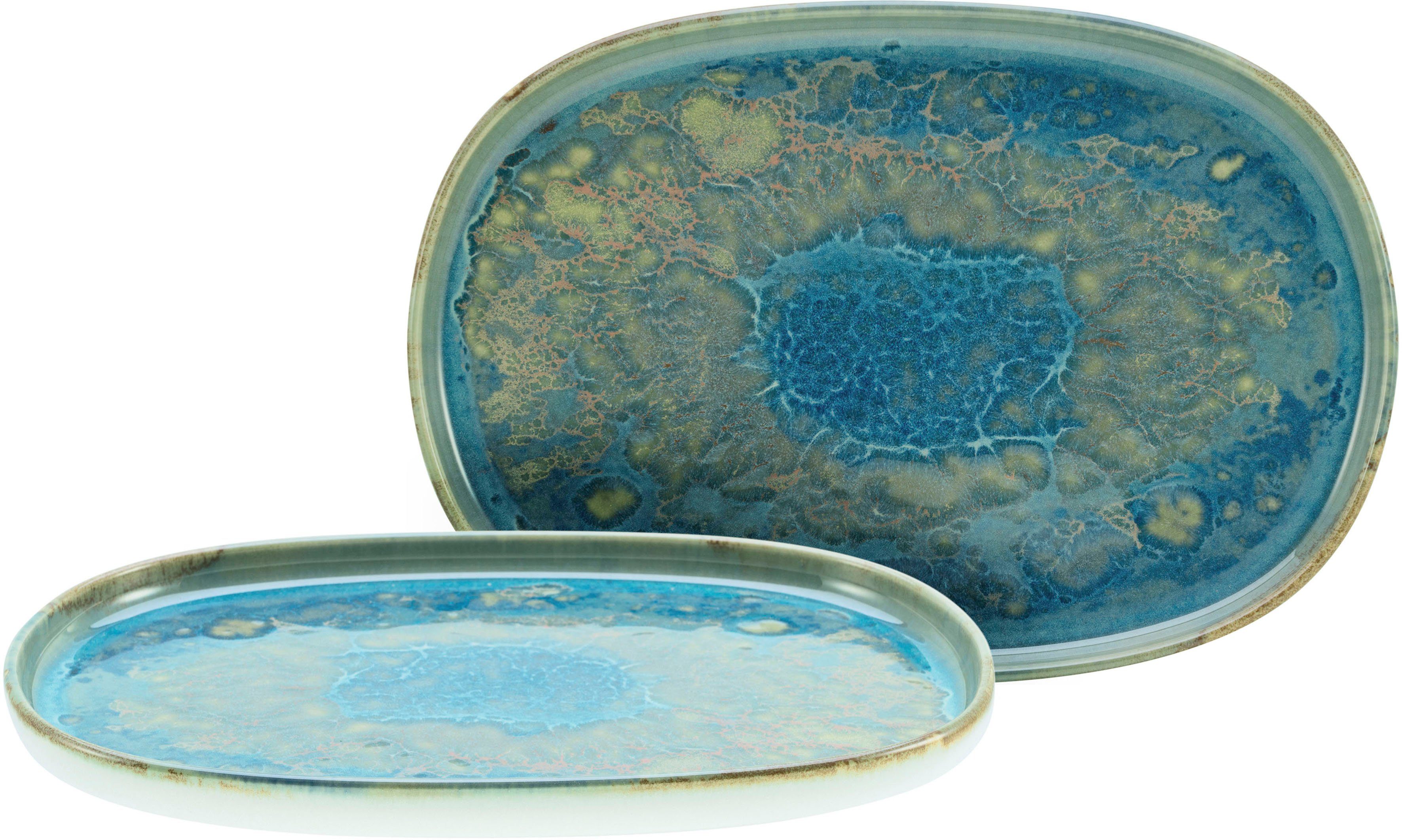 creaTable Servierplatte Yuki, Steinzeug, (Set, 2-tlg), reaktiv leuchtender Digitaldruck, jedes Stück ein Unikat, oval, 33 cm