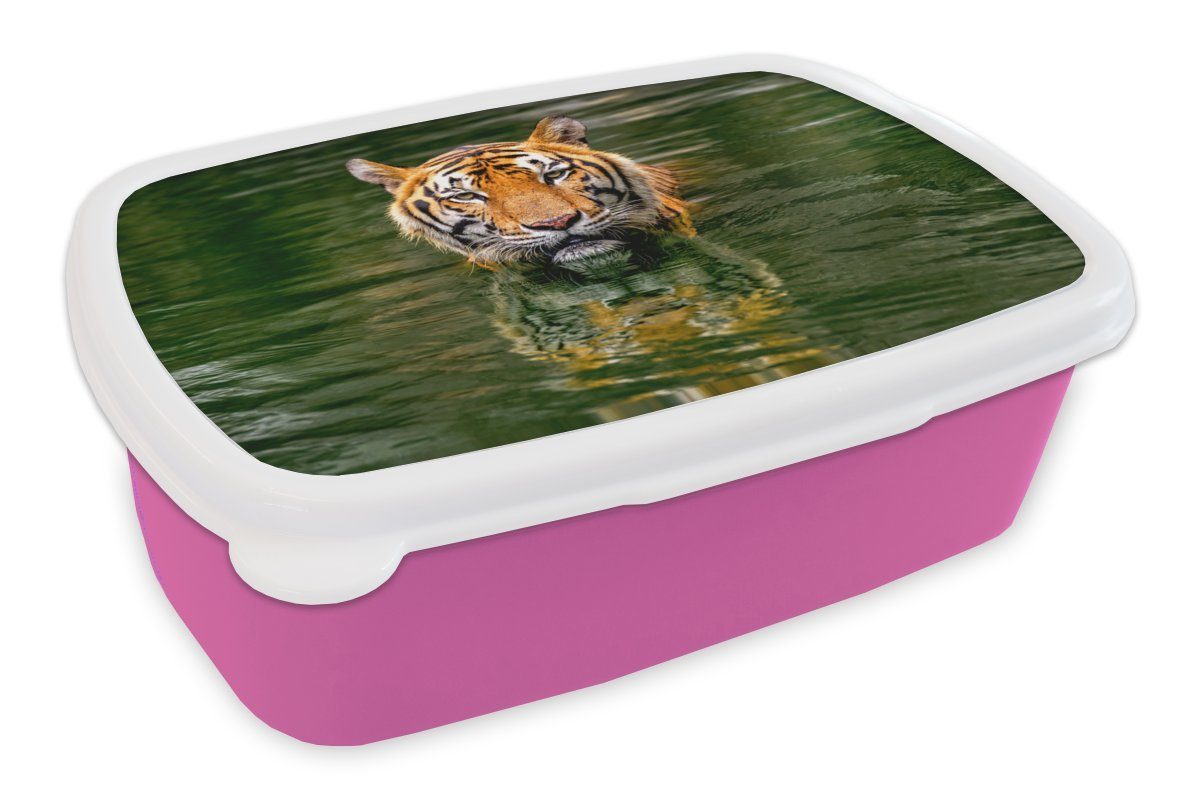 MuchoWow Lunchbox Tiger - Wasser - Spiegelung, Kunststoff, (2-tlg), Brotbox für Erwachsene, Brotdose Kinder, Snackbox, Mädchen, Kunststoff rosa