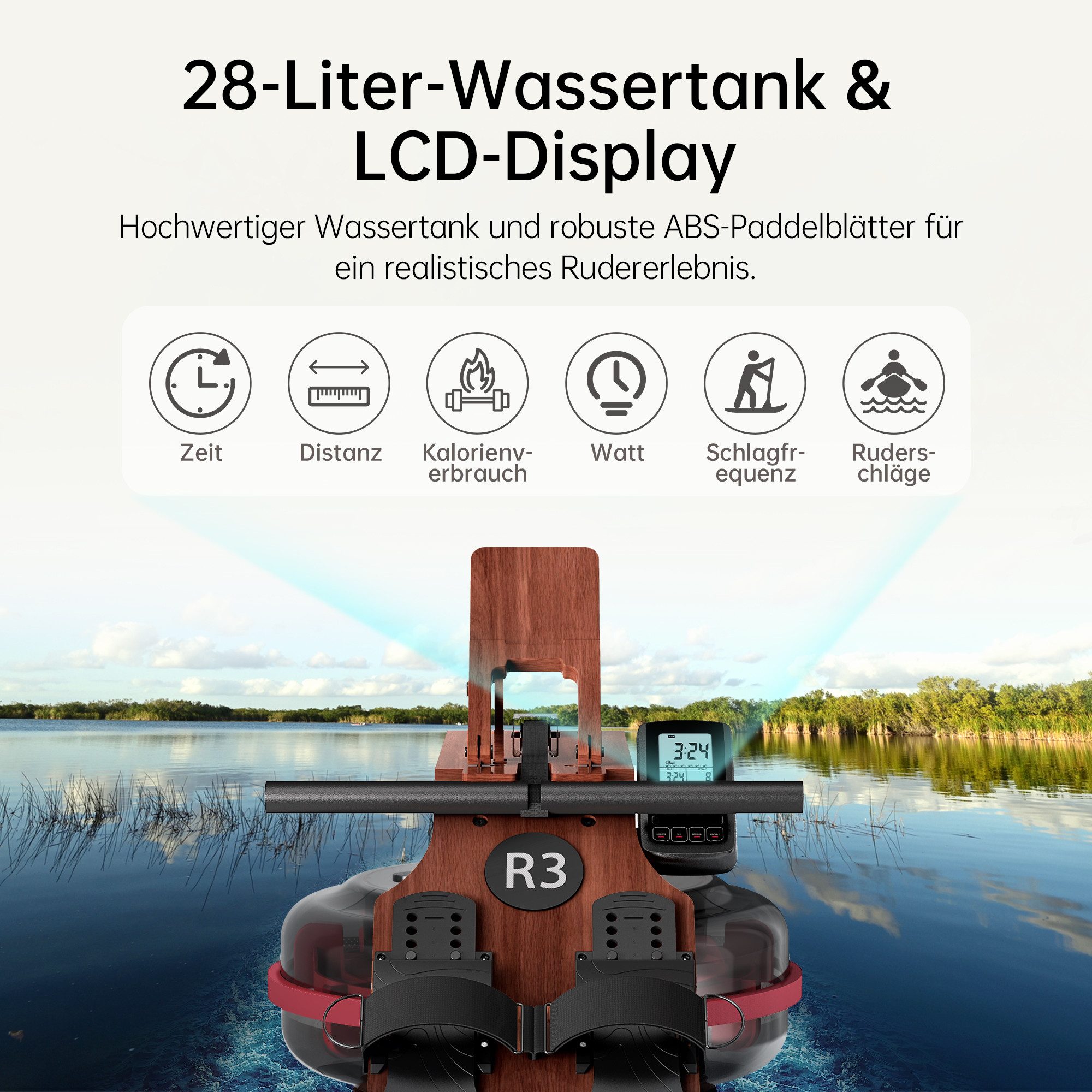 JASPORT Rudergerät R3 Klappbar Wasserrudergerät für Zuhause (aus Eiche, Klappbares Rudermaschine, Wasserbehälter mit MAX-Füllstand-Markierung), mit Trainingscomputer (Kinomap kompatibel) & Tablethalterung