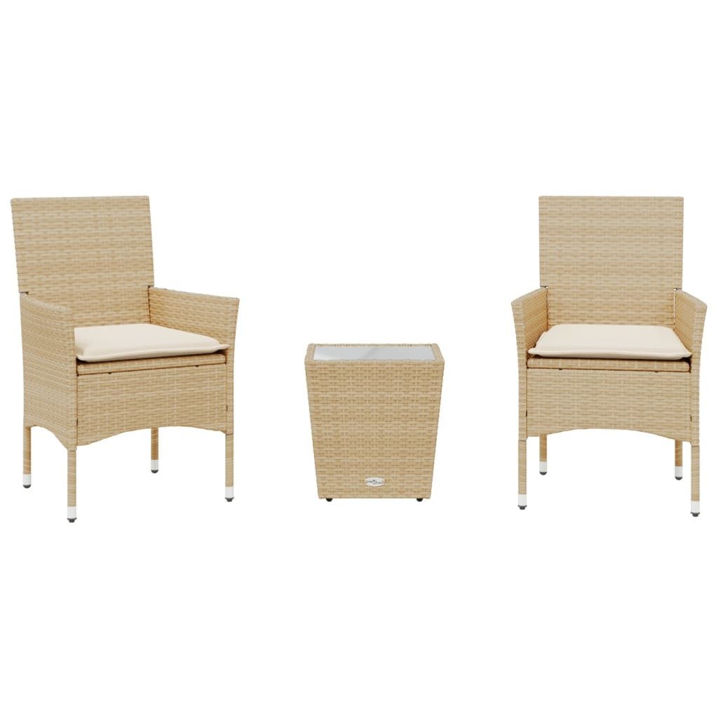 vidaXL Gartenlounge-Set 3-tlg. Bistro-Set mit Kissen Beige Poly Rattan und Glas, (1-tlg)