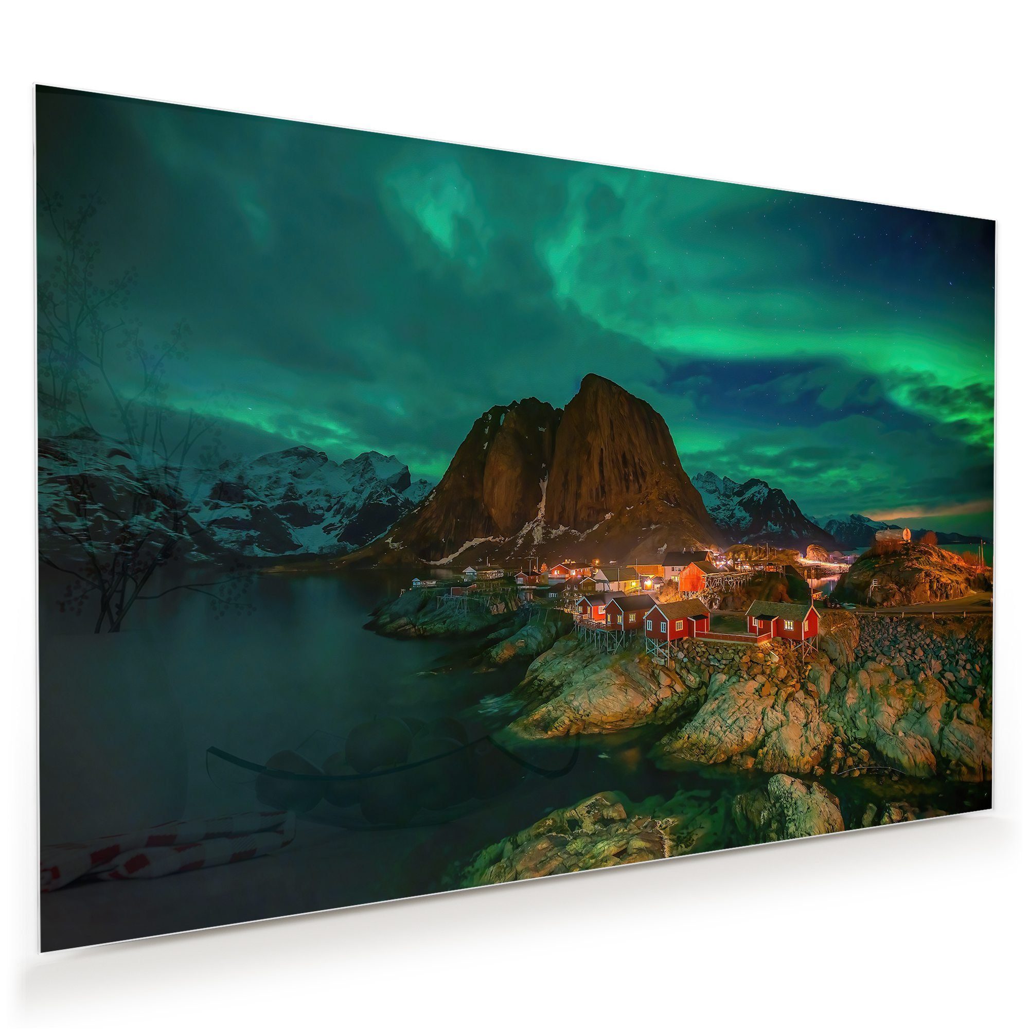 Primedeco Glasbild Wandbild Naturlandschaft Nordlicht Lofoten mit  Aufhängung, Berge