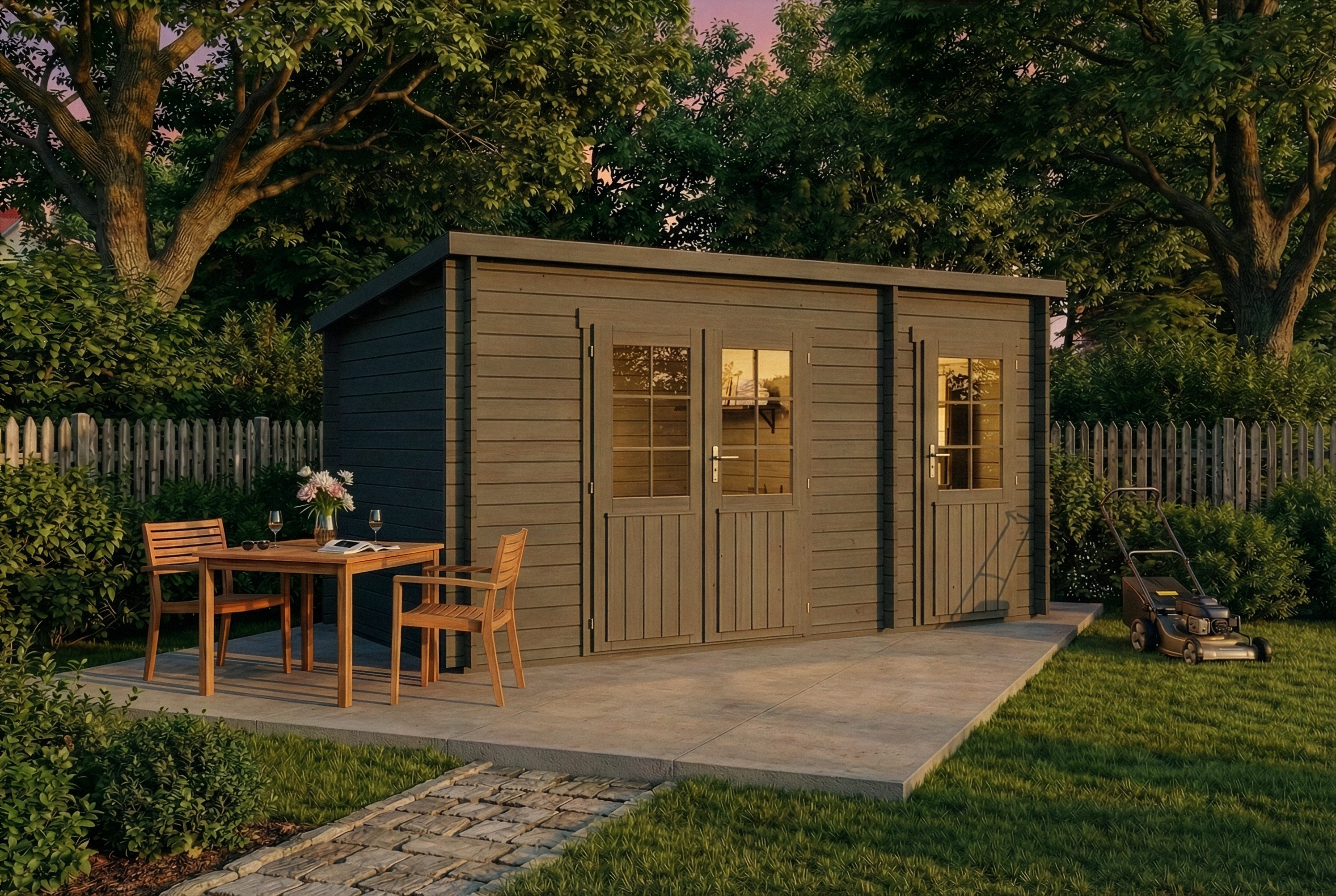 Alpholz Gartenhaus Holz Maria mit Anbau, BxT: 450x272 cm, in Imprägniert (Grau) mit 40mm Wandstärke