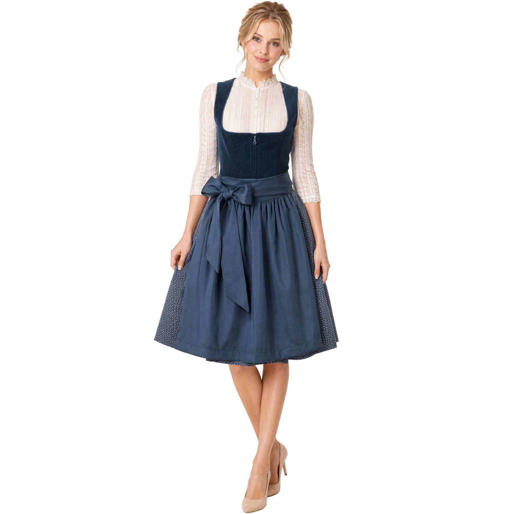 dressforfun Dirndl Mini-Dirndl in Dunkelblau, tailliertes Cord-Mieder mit (Trachtenkleid Carina, in blau) Versteckte Taschen, Rechteckausschnitt, blaue Schürze, breite Schleife