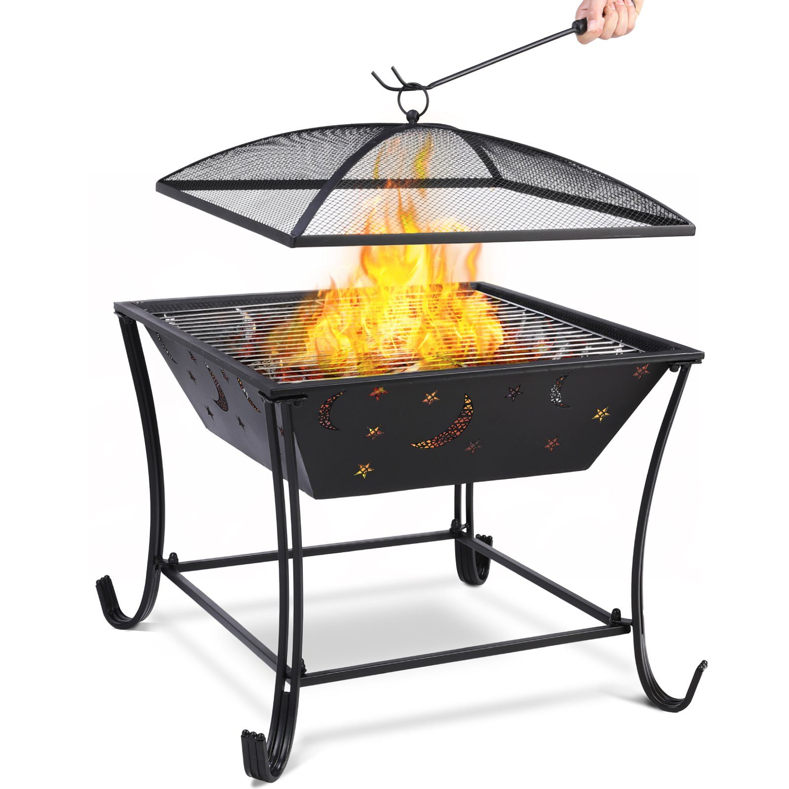Femor Feuerschale, Feuerstelle, Feuerkorb mit grillrost, 61x61x62cm, Schwarz