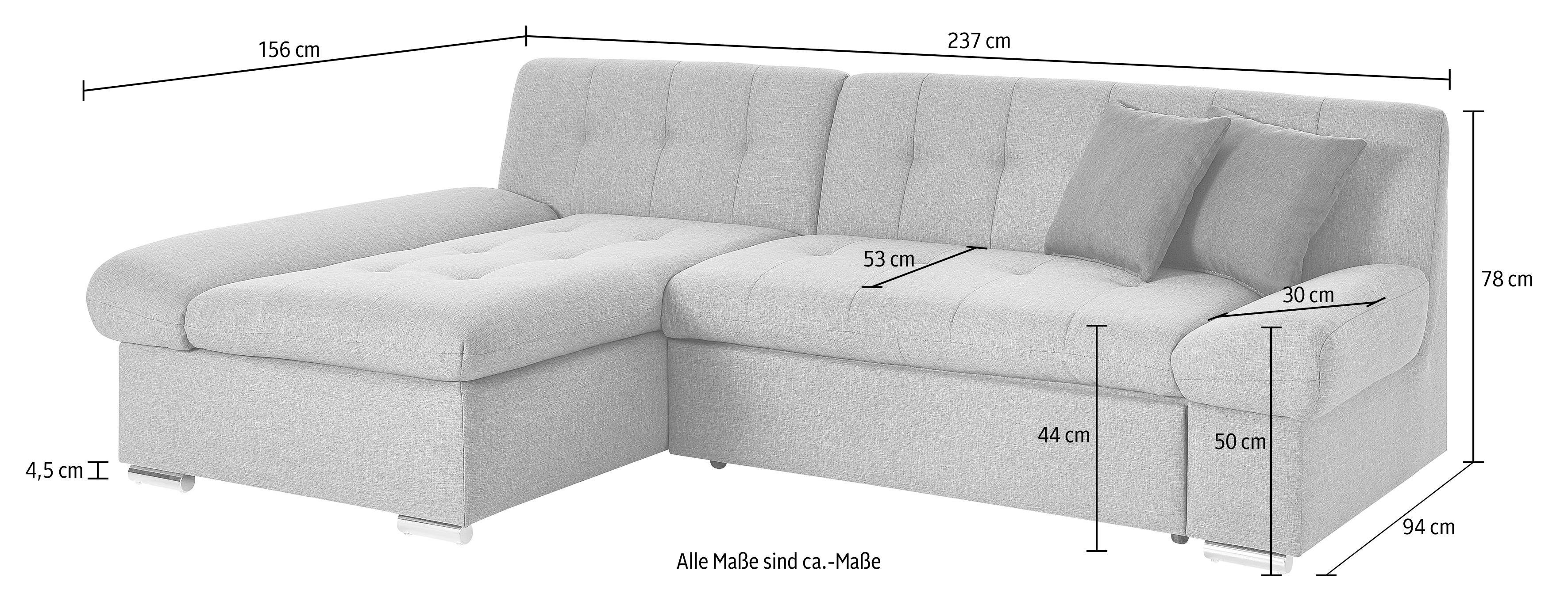 TRENDMANUFAKTUR Ecksofa, wahlweise mit Bettfunktion, Armteil der Recamiere  4-stufig verstellbar