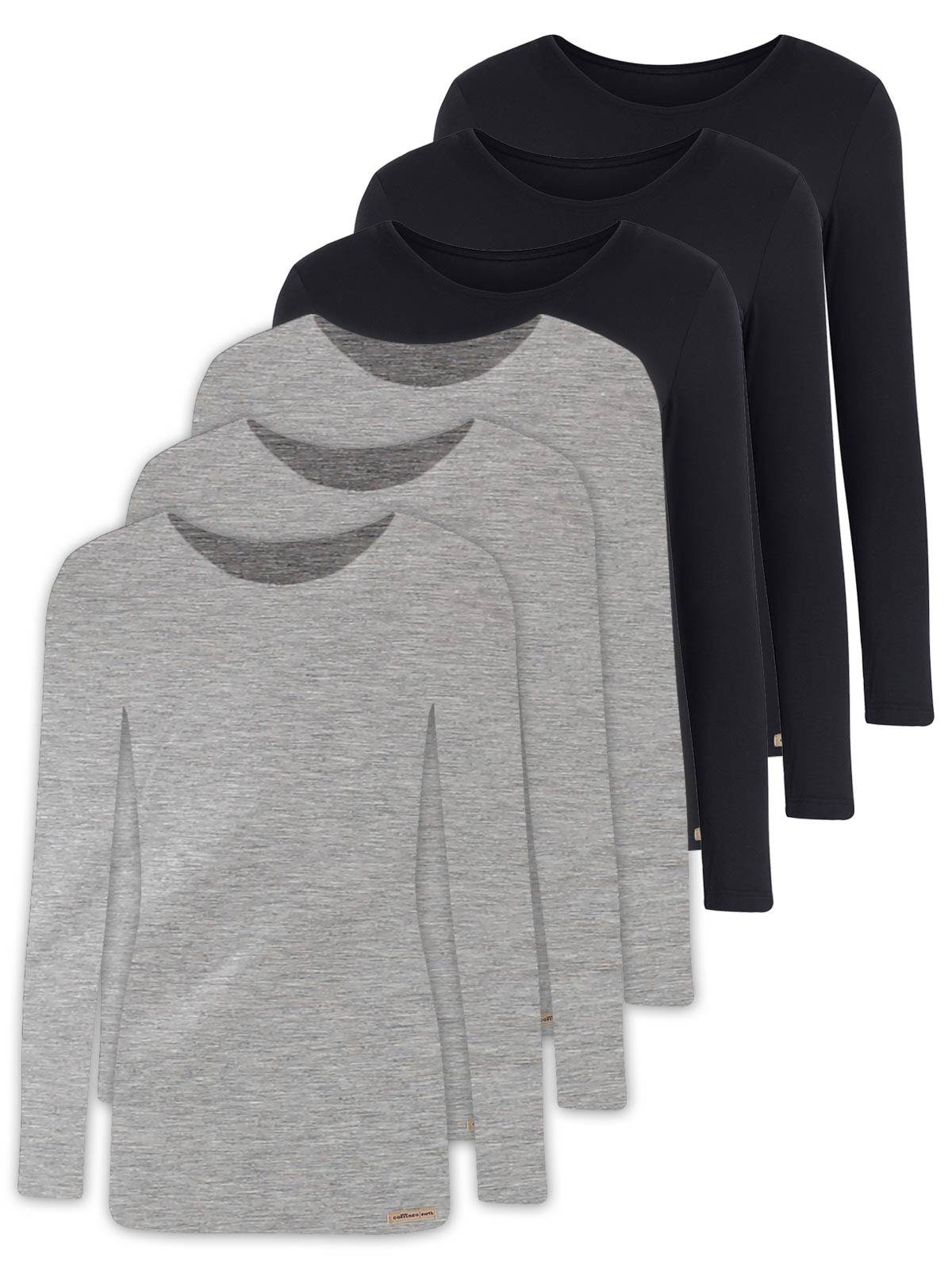 COMAZO Unterziehshirt 6er Pack Damen Baumwoll Langarm Shirt (Packung, 6-St) Vegan grau-melange-schwarz
