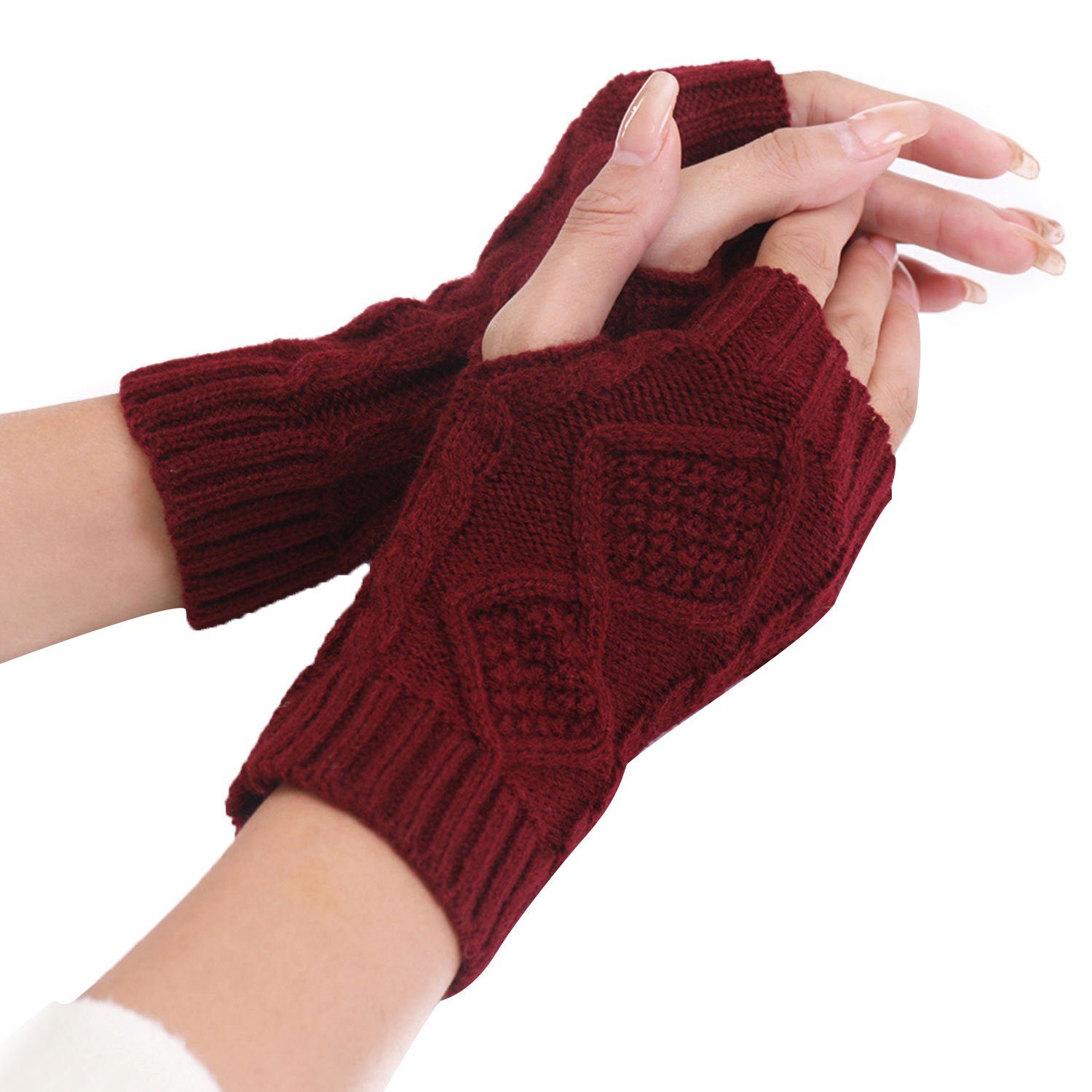 MAGICSHE Strickhandschuhe Fingerlose Handschuhe Damen Winter Wärmer Gestrickte Burgund | Strickhandschuhe