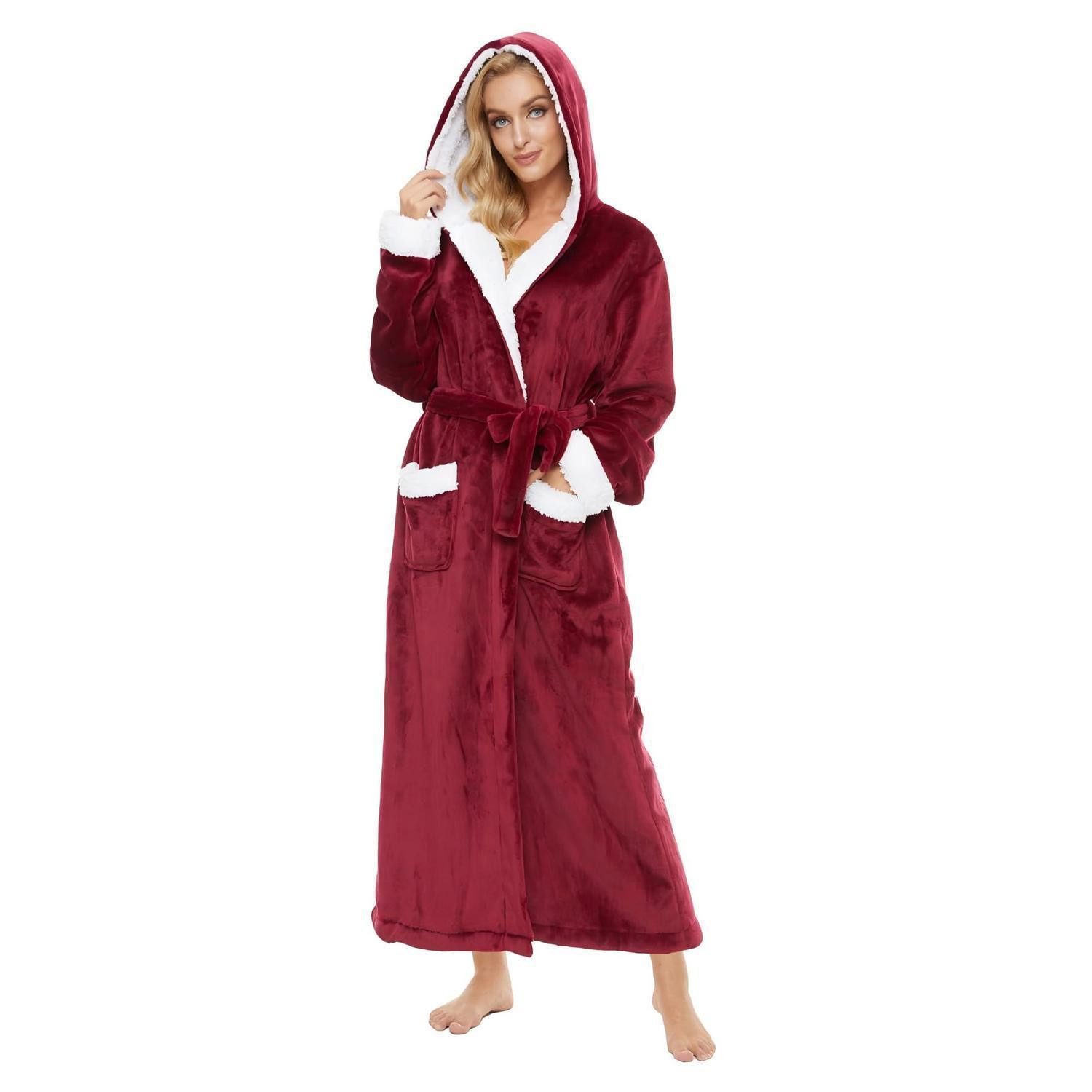 LuxusKollektion Damenbademantel Bademantel Damen Flauschig Weinrot, Kapuze