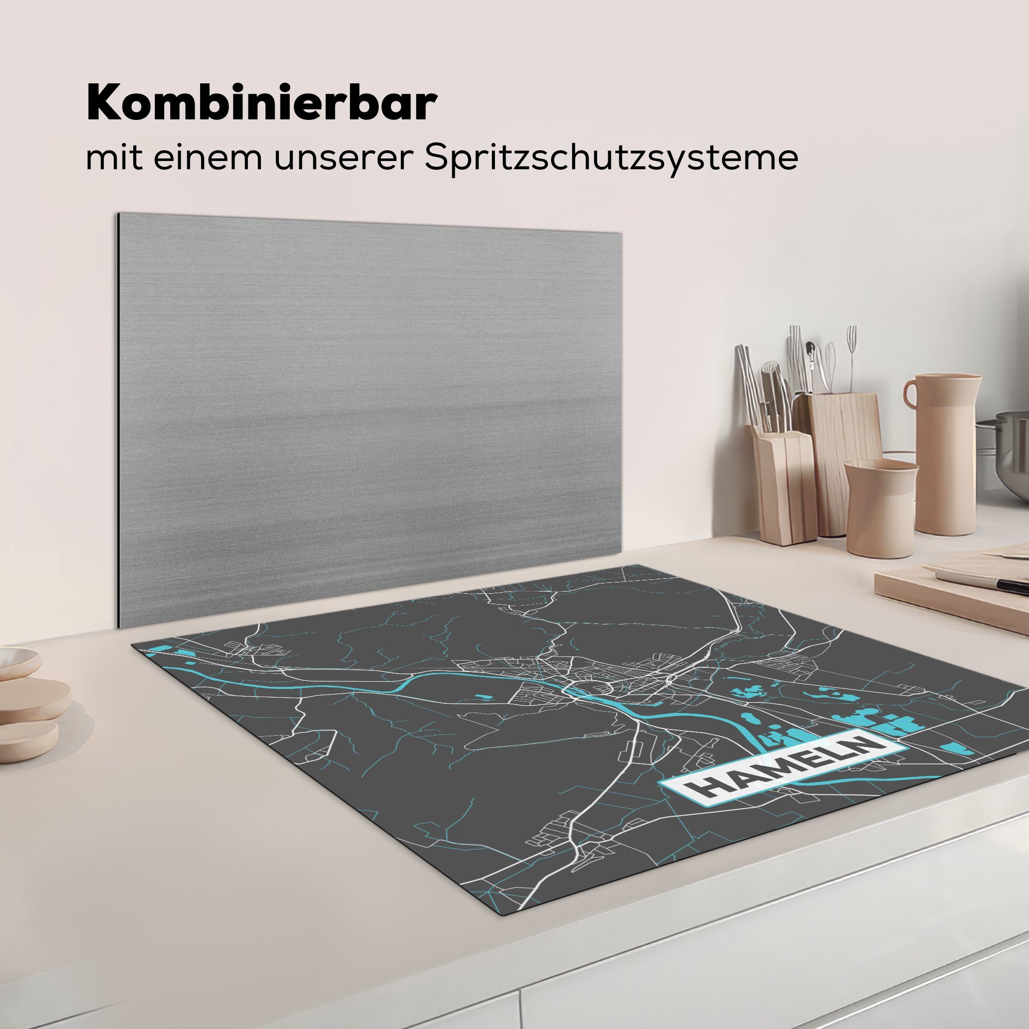 Ceranfeldabdeckung, Deutschland Herdblende-/Abdeckplatte MuchoWow Blau tlg), (1 Vinyl, Hameln Stadtplan Arbeitsplatte 78x78 für küche - Karte, - cm, - -