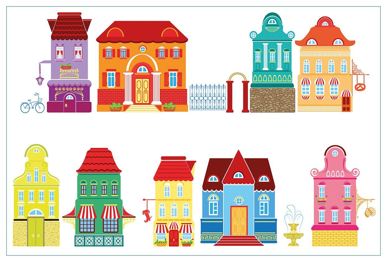 Wallario Küchenrückwand Bunte Häuser in einer Stadt - Comic Stil, (1-tlg) | Küchenrückwände