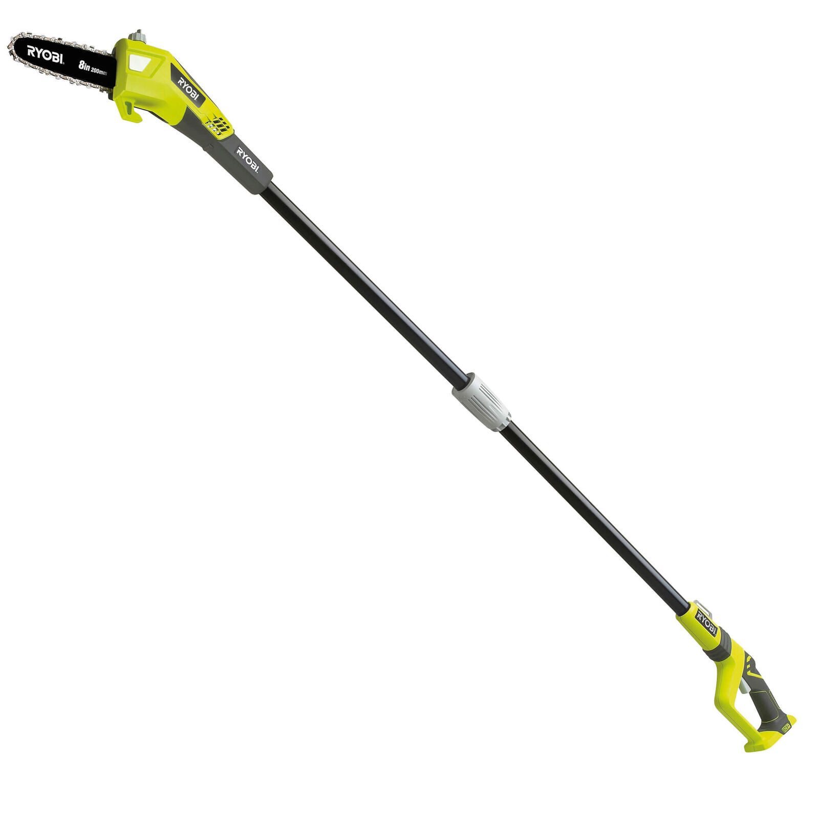 Ryobi Akku-Hochentaster Akku-Hochentaster ONE+ 18 V, Teleskop Kettensäge ohne Akku, 20 cm Schw, bis 4.00 m Arbeitshöhe, (Enthält kein Ladegerät), Abwinkelbarer Schneidkopf, 5,5 m/s Kettengeschwindigkeit