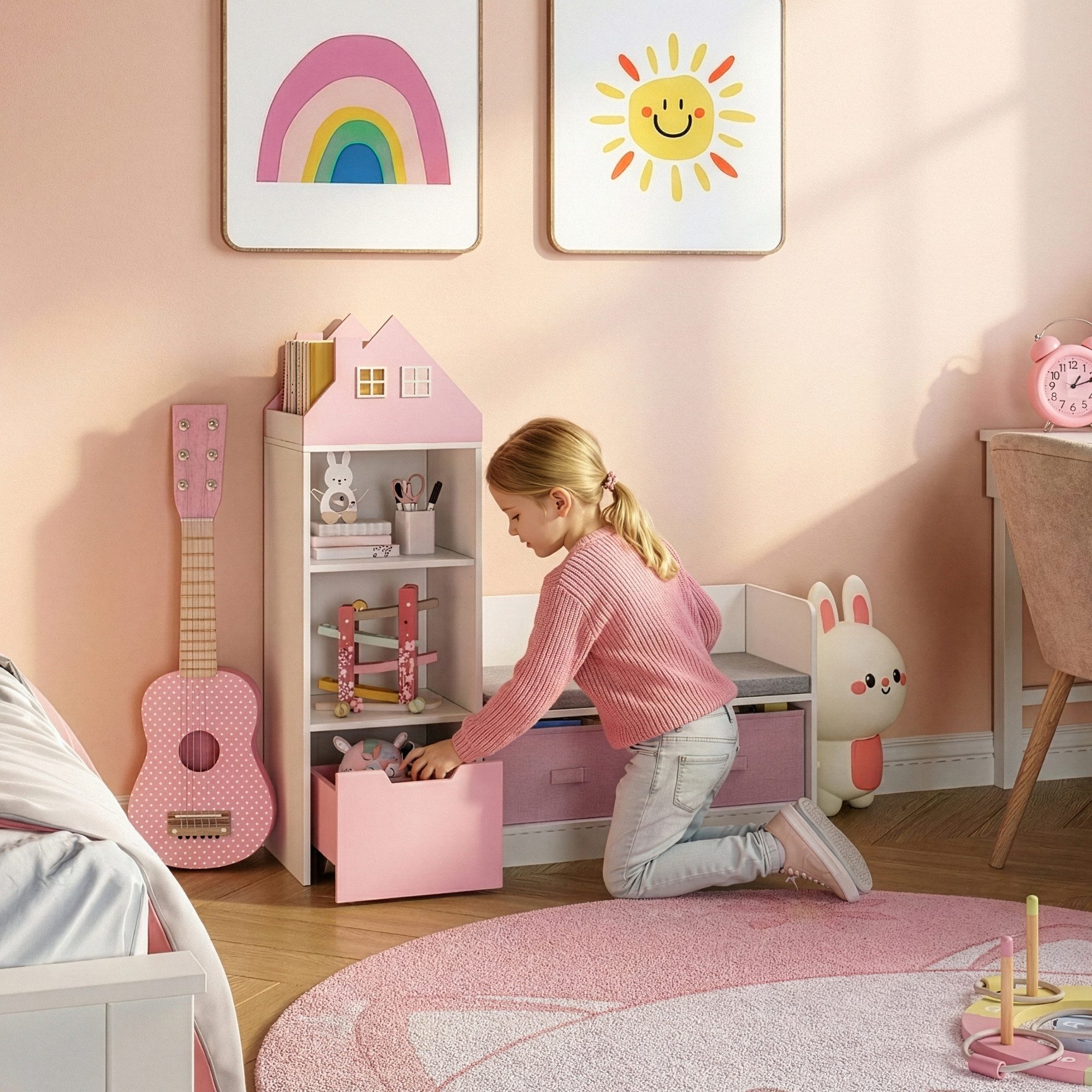 en.casa Sitzbank, mit Regal für Kinder »Vipsali« mit 2 Faltboxen 100x99x30 cm Rosa/Weiß