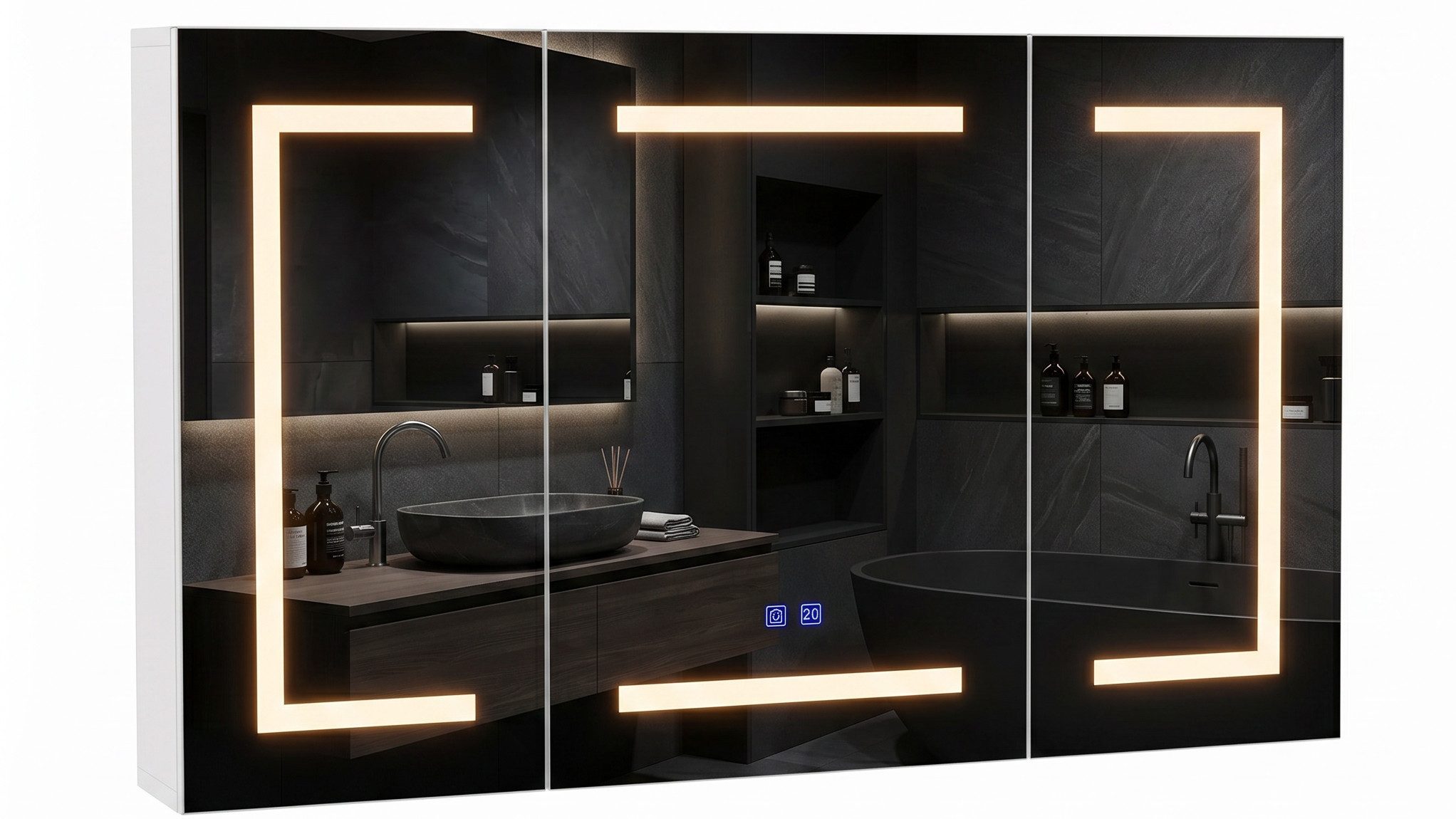 Furnishings Home Badezimmerspiegelschrank Spiegelschrank Doppeltür Hängeschrank mit LED (Einstellung der warmen und kalten Farbtemperatur 3000/4500/6400K) inkl. Steckdosen, LED-Beleuchtung, Touchschalter, Antibeschlagfunktion
