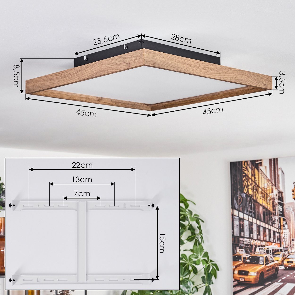 hofstein Deckenleuchte Deckenleuchte aus Metall/MDF/Kunststoff in Schwarz/Holzoptik/Weiß, LED fest integriert, 3000 Kelvin, 45 cm x 45 cm, 24 Watt, 2650 Lumen,  – Bild 4 von 5