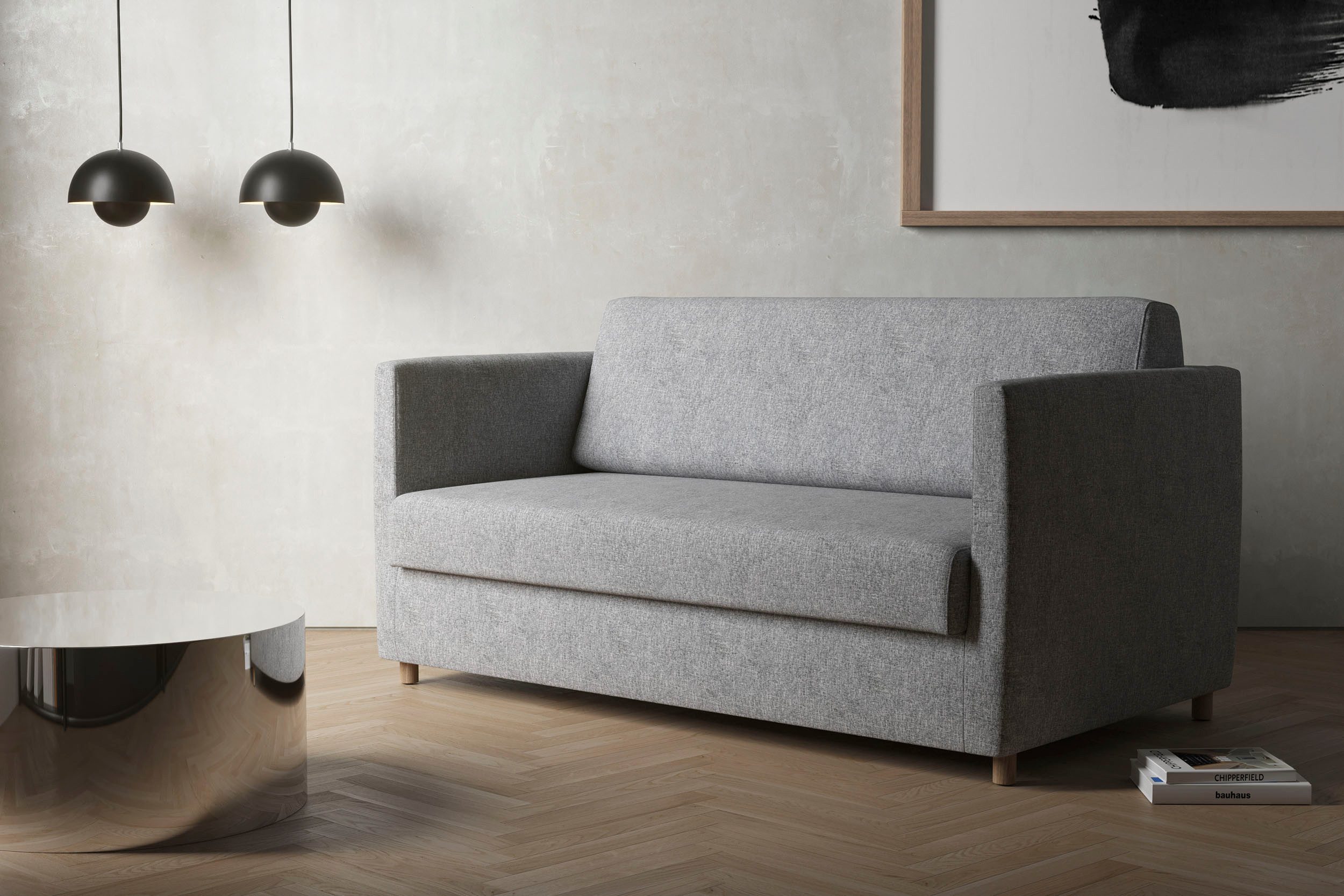 INNOVATION LIVING ™ 3-Sitzer Olan Schlafsofa, innovativ und modern, kompakte Stellfläche, leichtgängiger Ausklappmechanismus; schmale Armlehnen, Eichenfüße