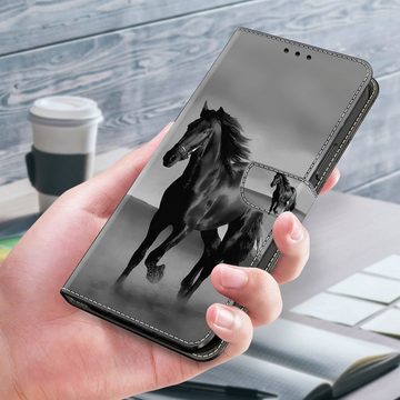 CLM-Tech Handytasche für Xiaomi Redmi Note 13 Pro 5G Hülle Tasche aus Kunstleder Klapphülle (Pferd schwarz grau, Handyhülle Wallet Flip Case Cover Etui), Schutzhülle mit Standfunktion, Kartenfächer, und Magnetverschluss