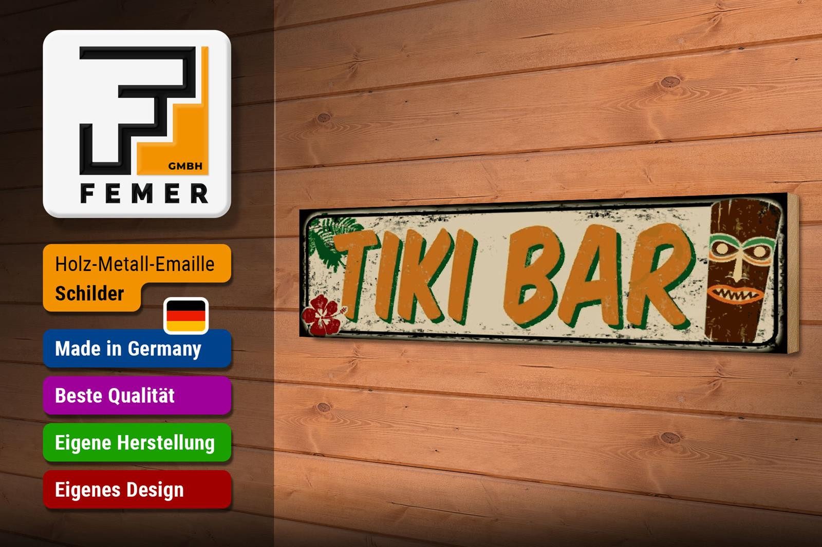 Femer GmbH Holzbild Hinweis 46x10 cm Tiki Bar, (1 St), Glatte Holzfaserplatte (MDF), vorn beschichtet