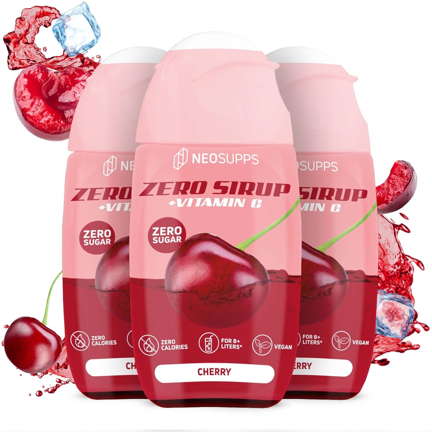 Neosupps Zero Sirup, Cherry Geschmack, 3x65 ml Getränkesirup mit Vitamin C Sirup, 195 ml, Ohne Zucker, Ohne Kalorien