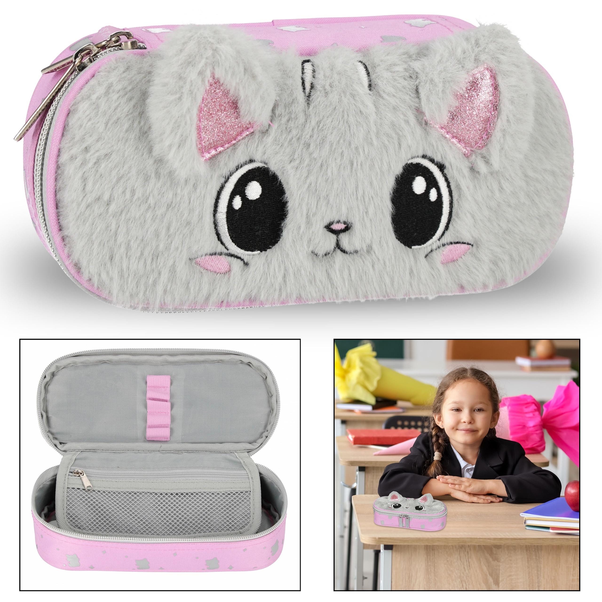 Sarcia.eu Federmäppchen FACH Schulmäppchen PLÜSCH Katze mit Ohren für Mädchen 5x22x10 cm