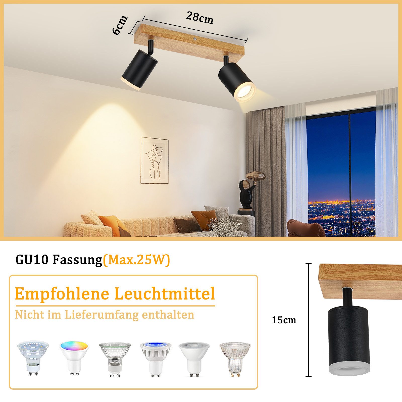 Nettlife Deckenstrahler Schwarz/Weiß GU10 Holz Vintage Deckenspots Küchenlampe, Schwenkbar, LED wechselbar, 350°Drehbar Flur Strahler Industrial für Wohnzimmer  – Bild 4 von 5