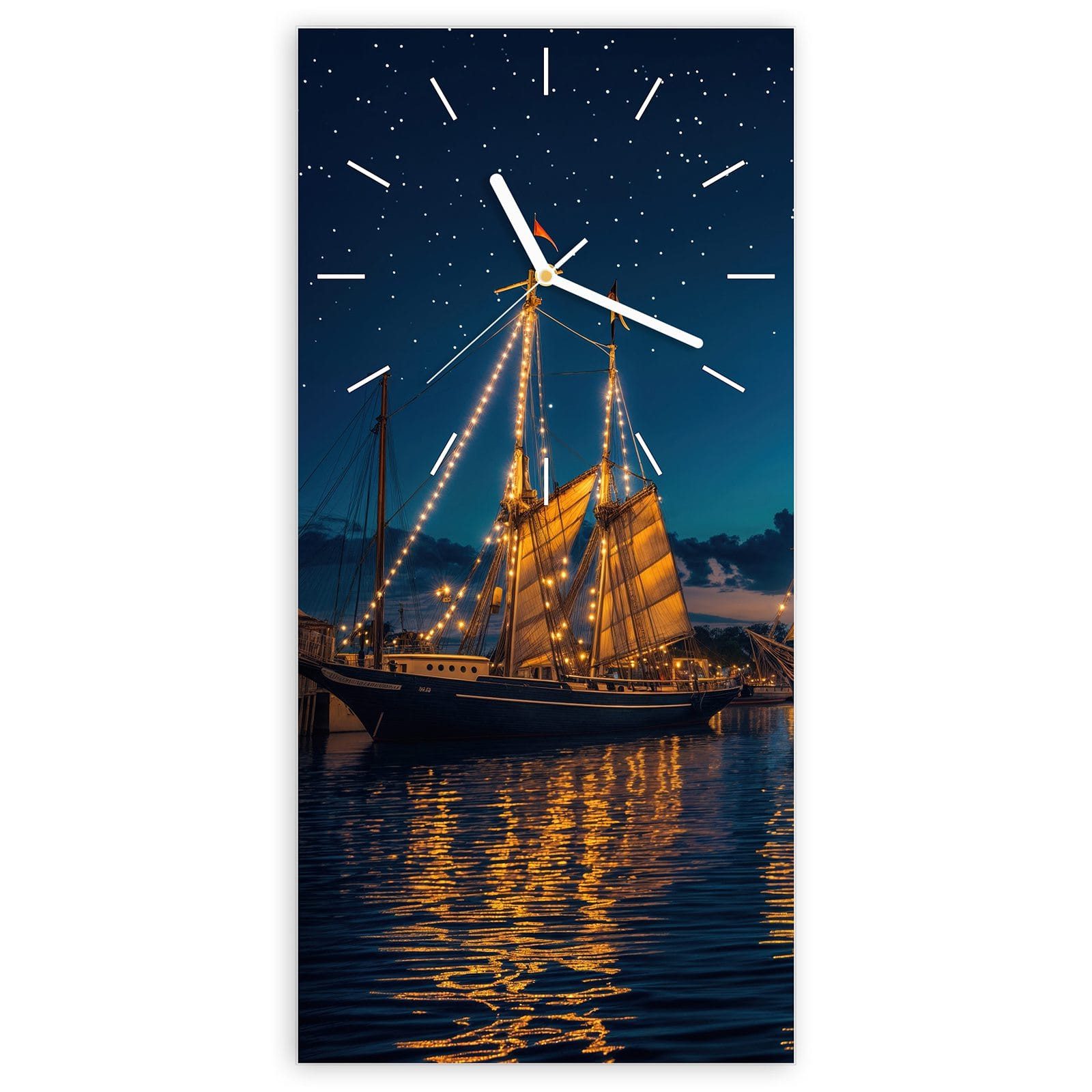 Wanduhr Glasuhr Wandkunst Größe 30 x 60 cm mit Motiv Nachthafen