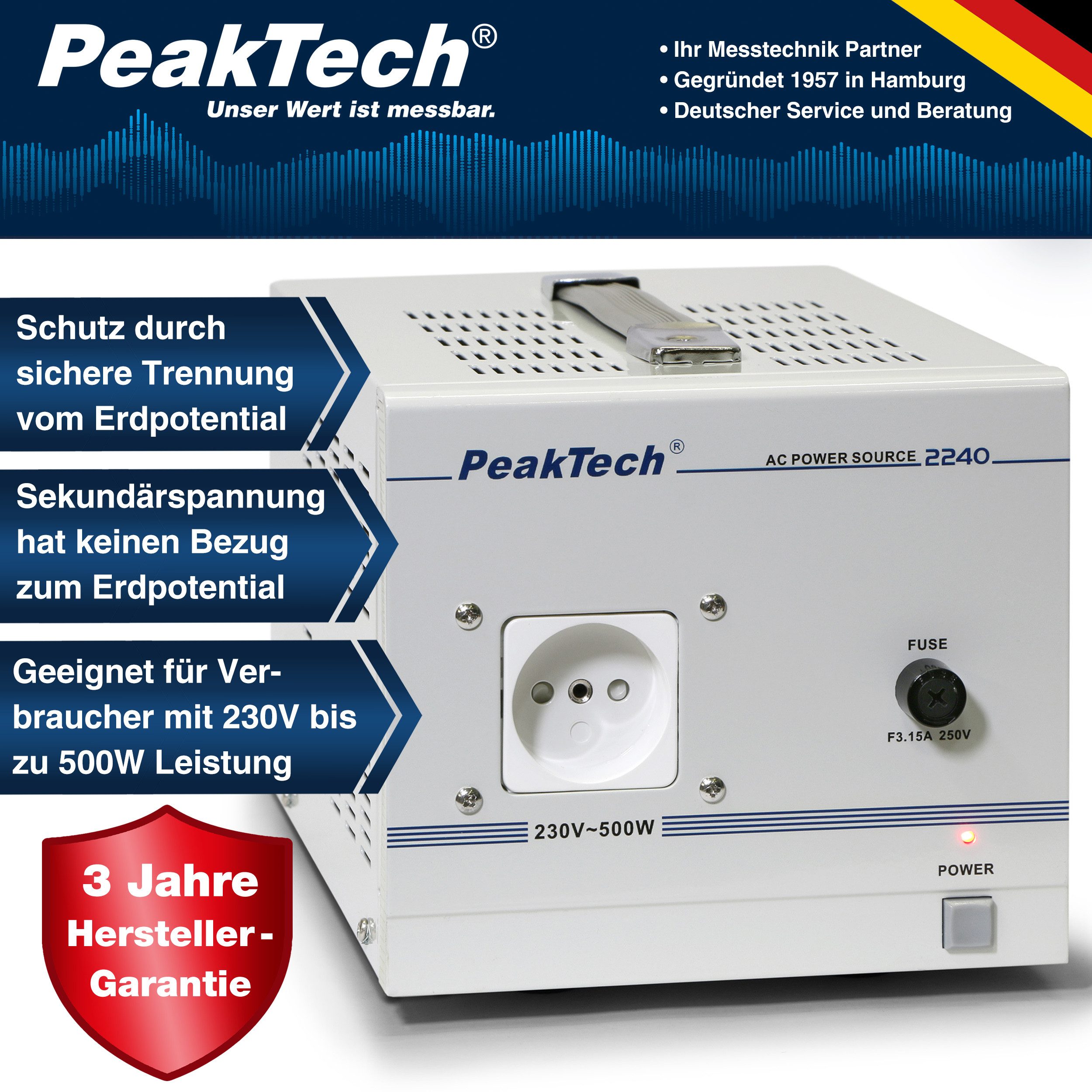 PeakTech 230V Mobiler Trenntransformator 500W Ringkern Labor-Netzteil