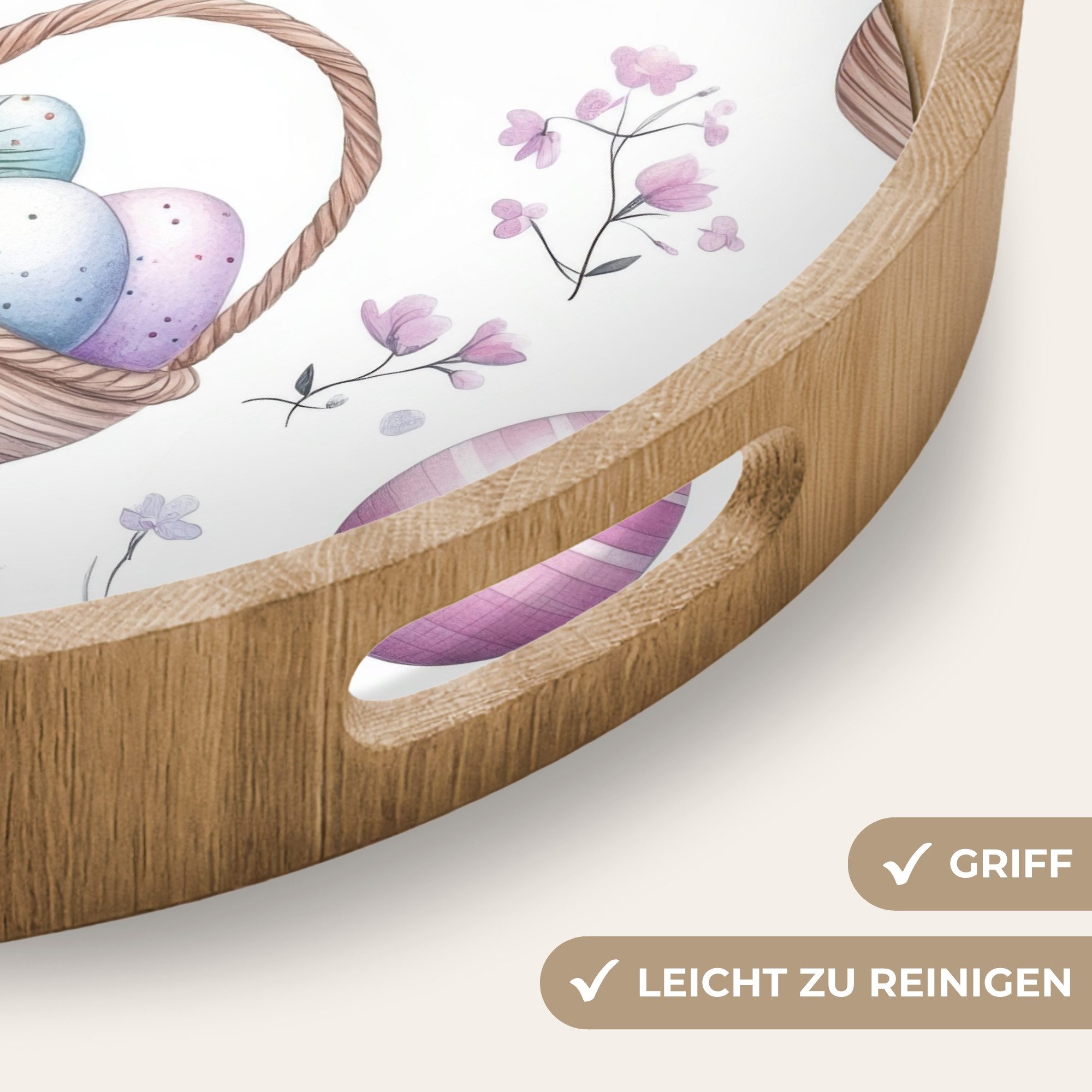 OnlyWow Tablett Rund mit Henkel Blumen - Ostereier - Muster, Eichenholz, (1-tlg), Siervierplatte, Tray, Frühstücksbrett