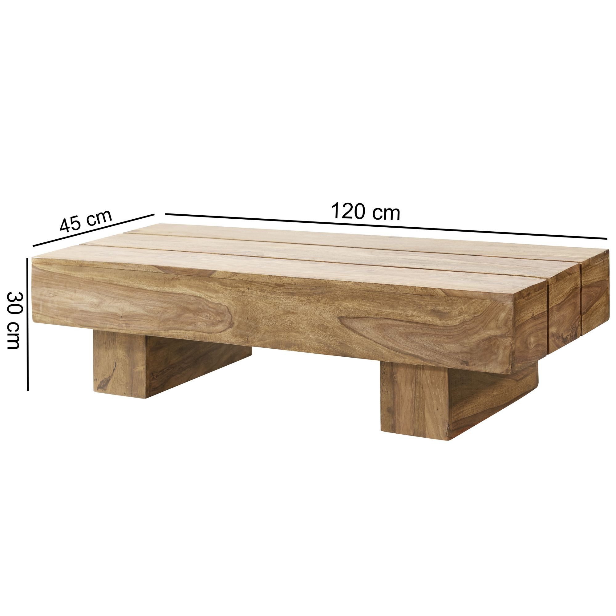FINEBUY Couchtisch SuVa2387_1 Massivholz 120cm im Block Design – Moderner Wohnzimmertisch (Akazie Massivholz, 120x45x30 cm Rechteckig Modern), Großer Wohnzimmertisch, Sofatisch Kaffeetisch