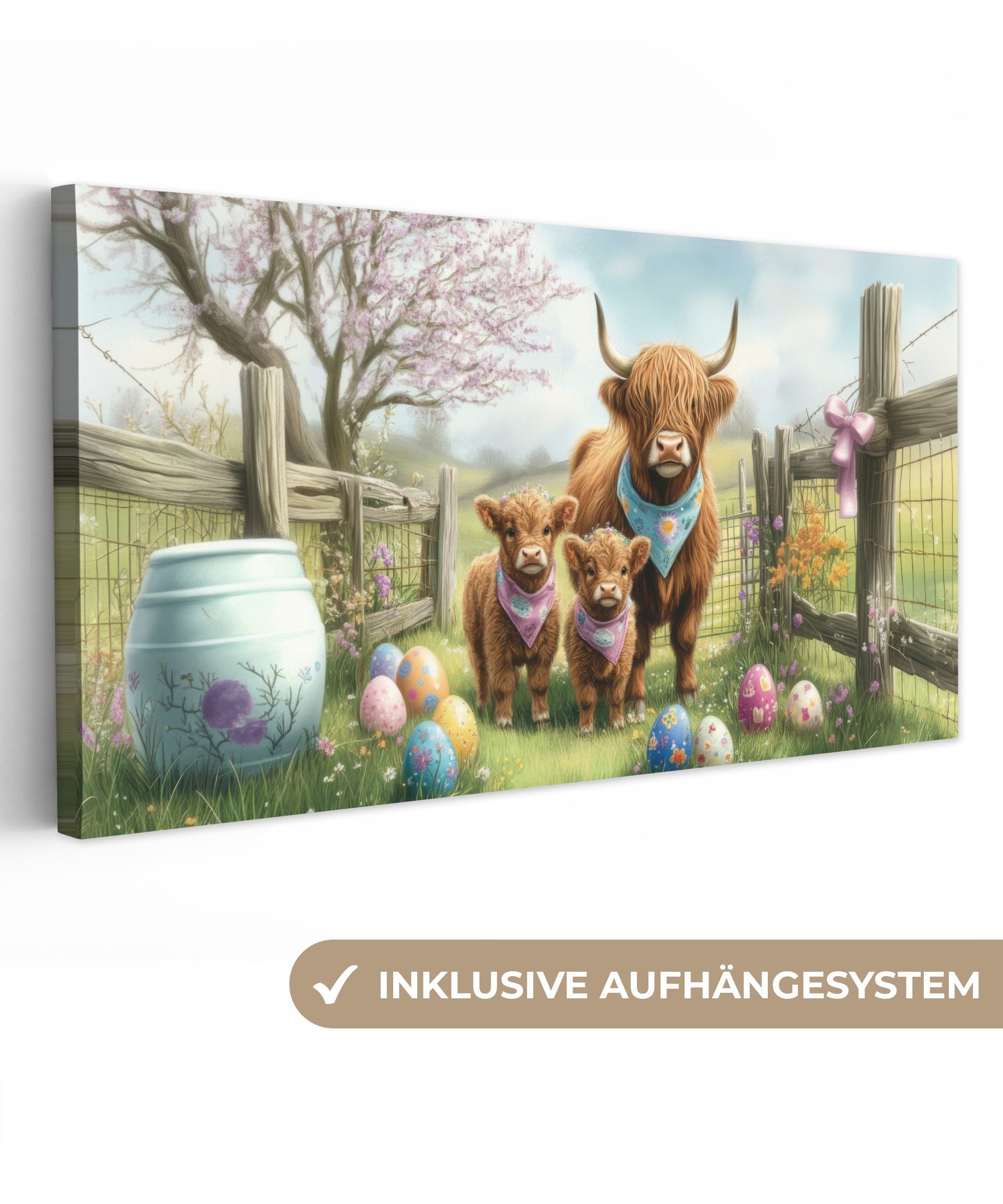 OneMillionCanvasses® Leinwandbild Panorama Schottische Highlander - Ostereier - Frühling - Ostern Deko, Fotodruck (1 St), Wandbild, Deko Schlafzimmer Wohnzimmer Flur 40x20 cm