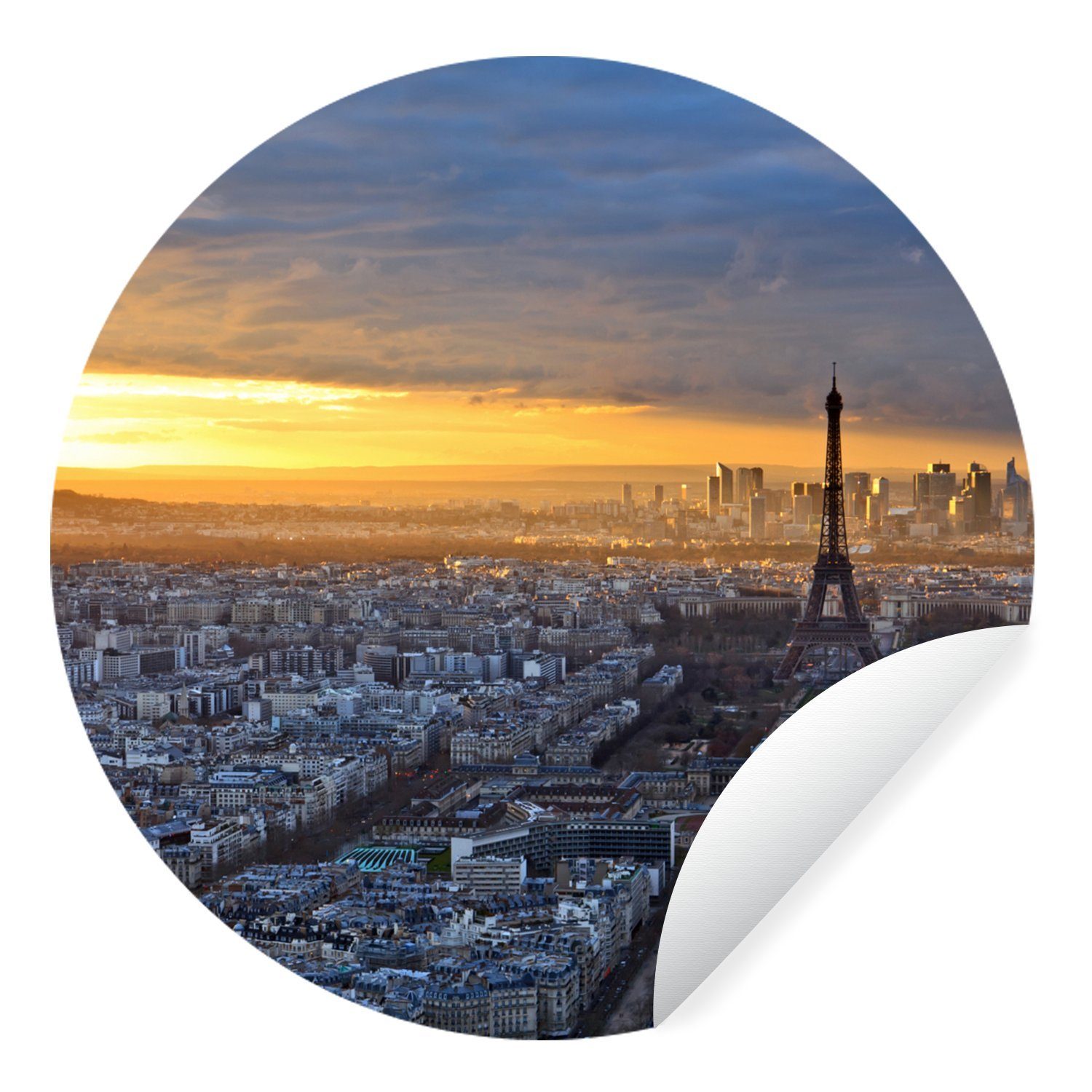 MuchoWow Wandsticker Skyline von Paris bei Sonnenuntergang (1 St), Tapetenkreis für Kinderzimmer, Tapetenaufkleber, Rund, Wohnzimmer