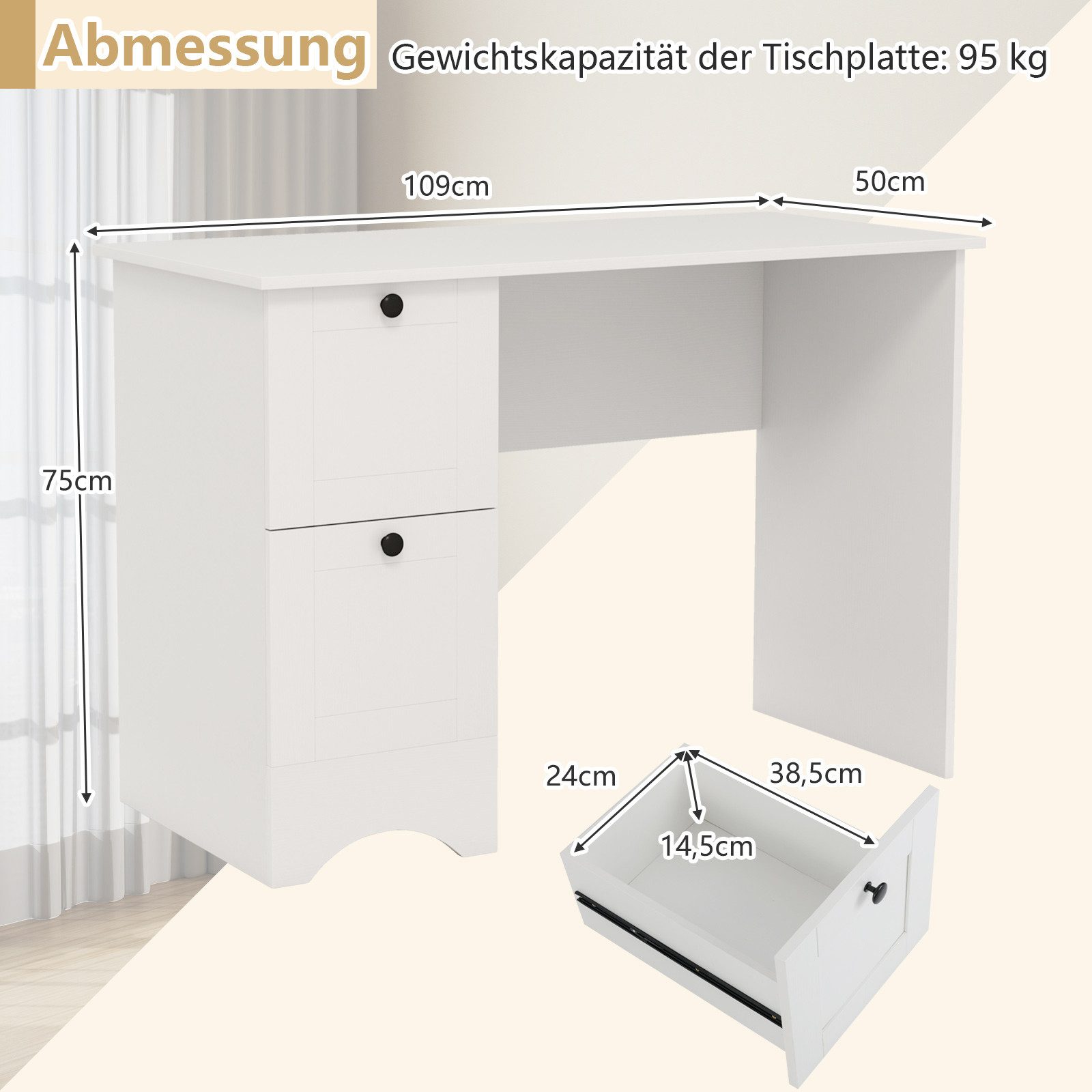 COSTWAY Computertisch, mit 2 Schubladen 109 x 50 x 75 cm weiß