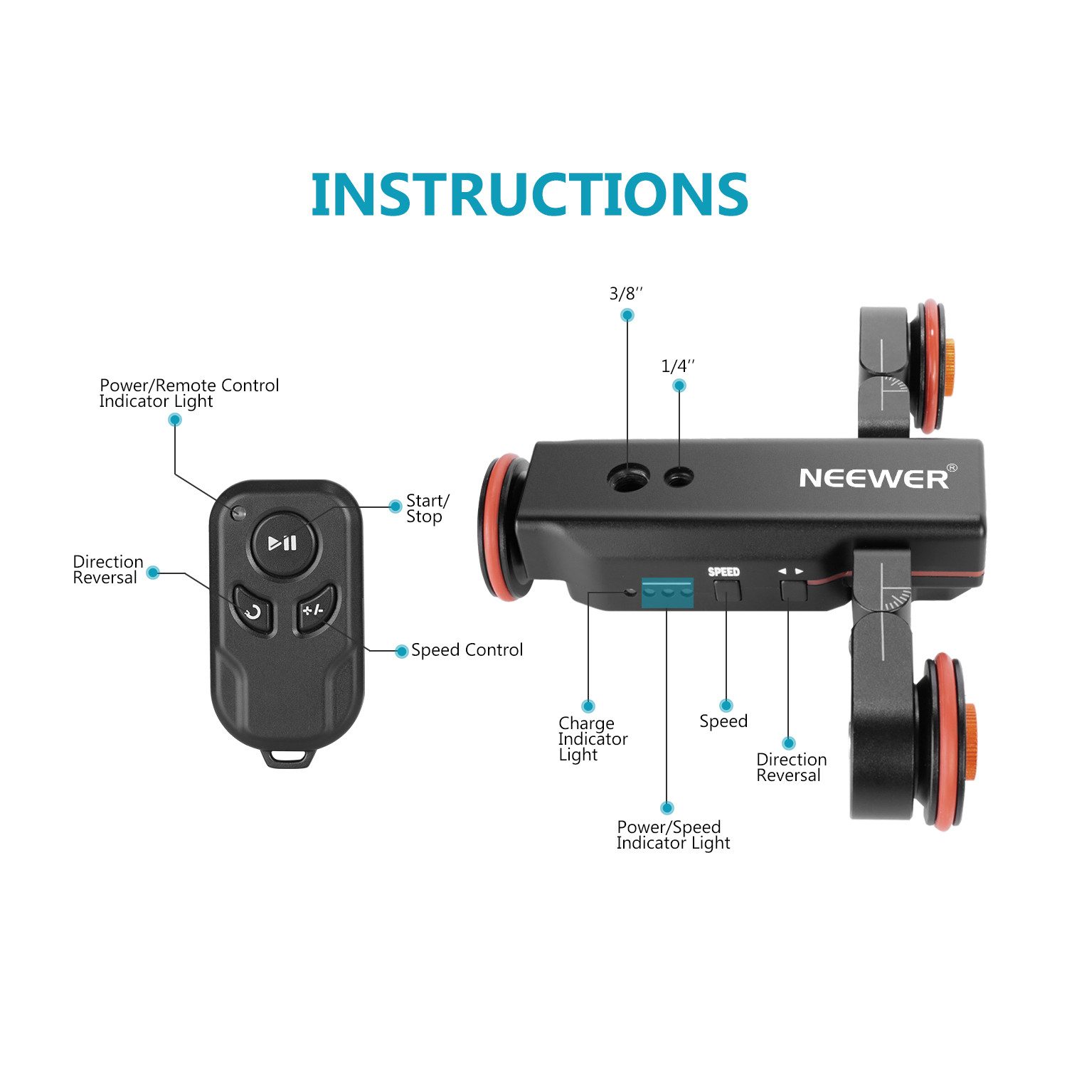 Neewer Motor-Stativkopf DL100 3 Räder Drahtloser Videokamera Stativ Dolly mit Fernbedienung, 3 Gang Motorisierte Elektrische Schiene Dolly Auto