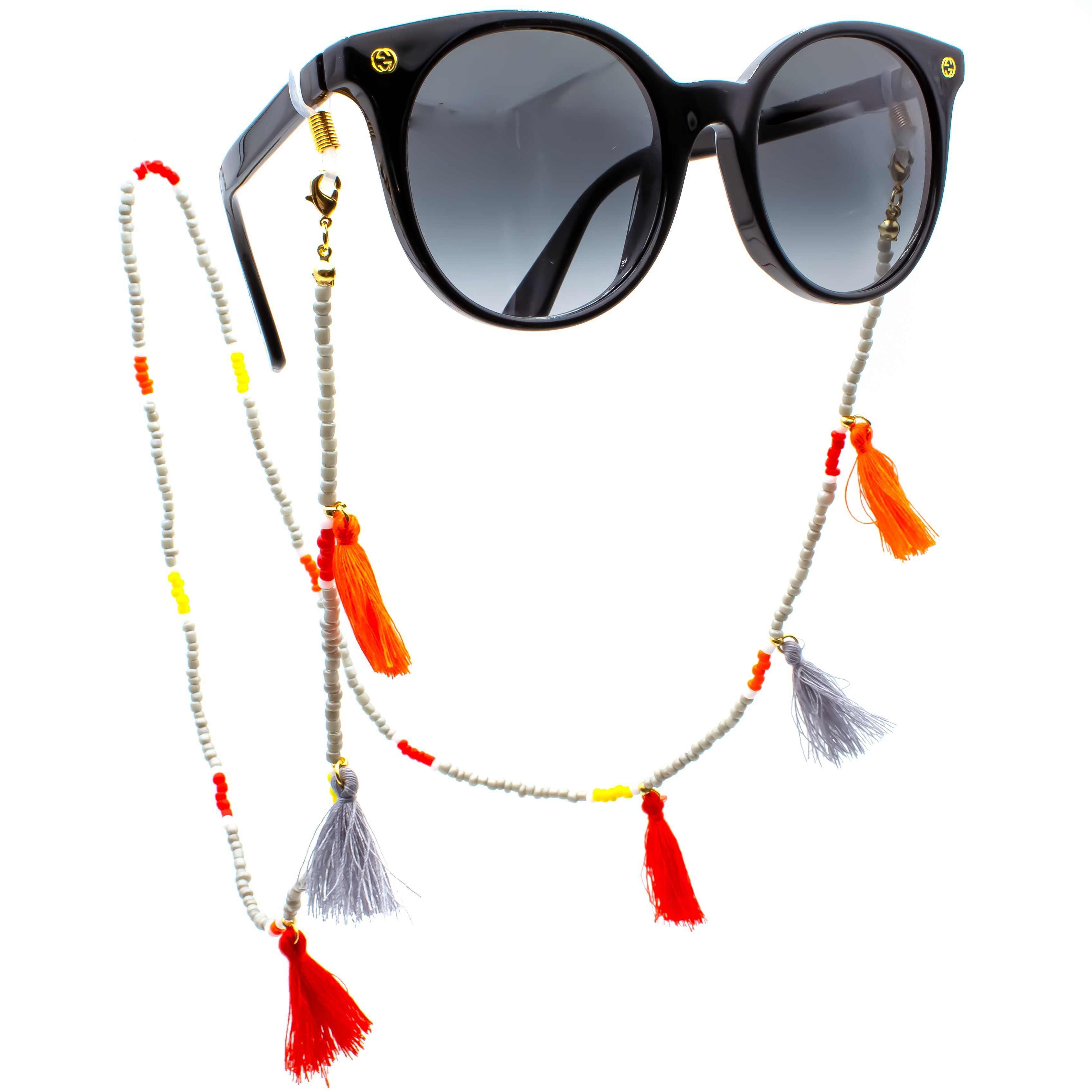 GERNEO Brillenband GERNEO® - Ibiza - Premium Brillenband & Brillenkordel Maskenhalter, Lesebrille & Sonnenbrille - Perlenkette mit bunten Perlen und Pusteln grau-gold