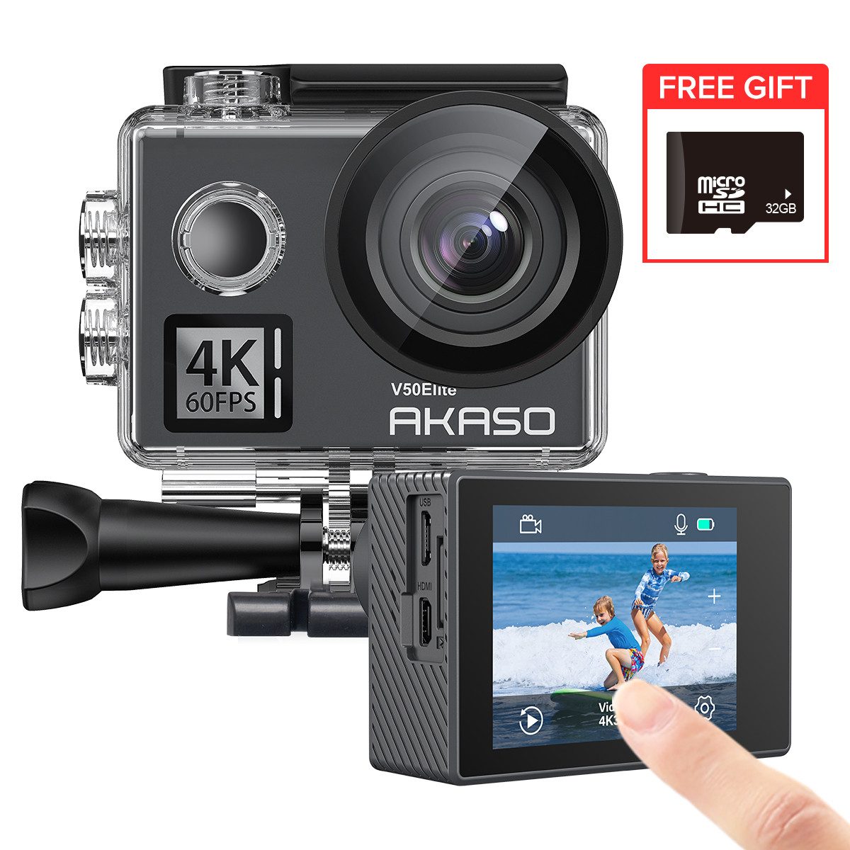 Akaso V50 Elite Action Kamera - 4K/60fps, Bildstabilisierung, Action Cam (IEEE 802, Wasserdichte Tasche, umfangreiches Zubehör und 32G Speicherkarte)