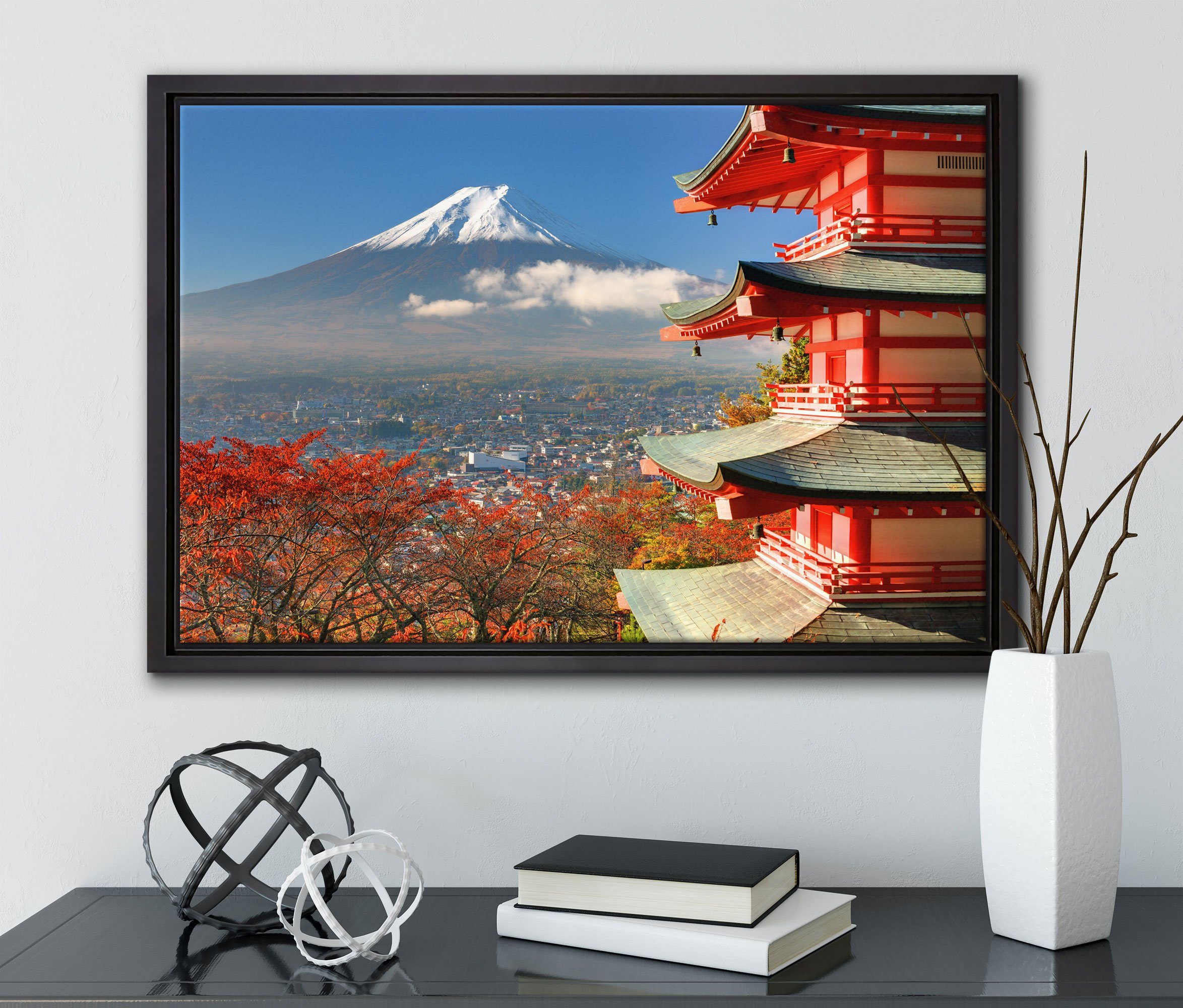 (1 Tempel inkl. St), einem Pixxprint Japan, Leinwandbild Fudschijama Zackenaufhänger bespannt, Wanddekoration gefasst, Schattenfugen-Bilderrahmen in am Leinwandbild fertig
