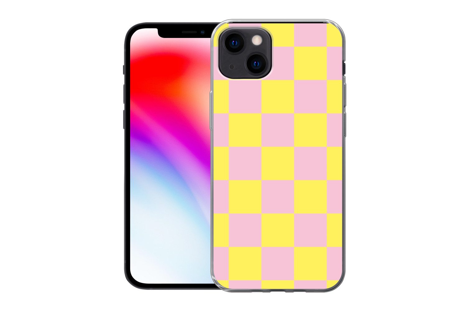 MuchoWow Handyhülle für Apple iPhone 13 Schachbrettmuster - Gelb - Rosa - Würfel, Smartphone-Bumper, Print, Handy Schutzhülle Dünn
