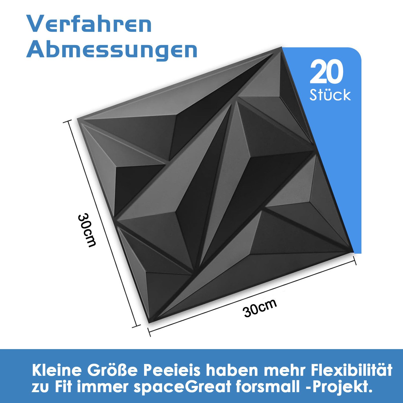 PFCTART 3D Wandpaneel 20 Stück 3D Wandpaneele Diamant Design – Hochsteifes PVC, 30×30 cm, 0,09 qm, (Nicht verformbar, leicht zu reinigen – für Wohnzimmer, Büro & Studio) Wasserfest, hitzebeständig & geruchsneutral – langlebig & recycelbar