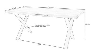 Die Möbelfundgrube® Baumkantentisch LENIA / Baumkantenoptik 180 cm Wildeiche, 48 mm Tischplatte / X-Gestell schwarz Metall / Industrial