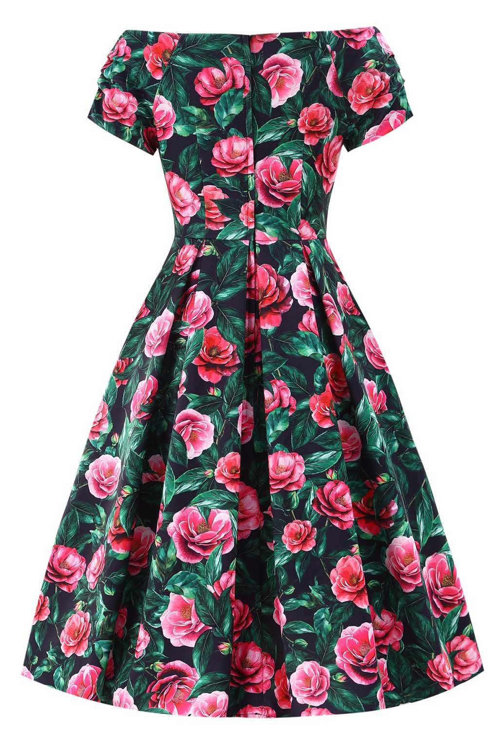 Dolly and Dotty A-Linien-Kleid Lily Black & Pink Camellia Off-Shoulder Vintage Retro