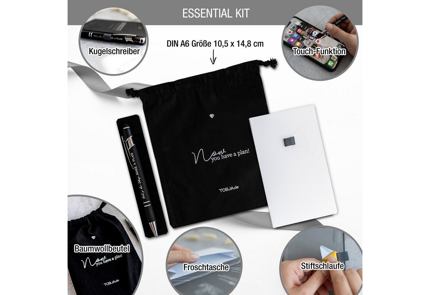 Thumbnail - TOBJA Notizbuch Essential Kit mit Froschtasche Pen-Loop Stift Beutel, Für Terminkalender Tagebuch A6 Notizbuch